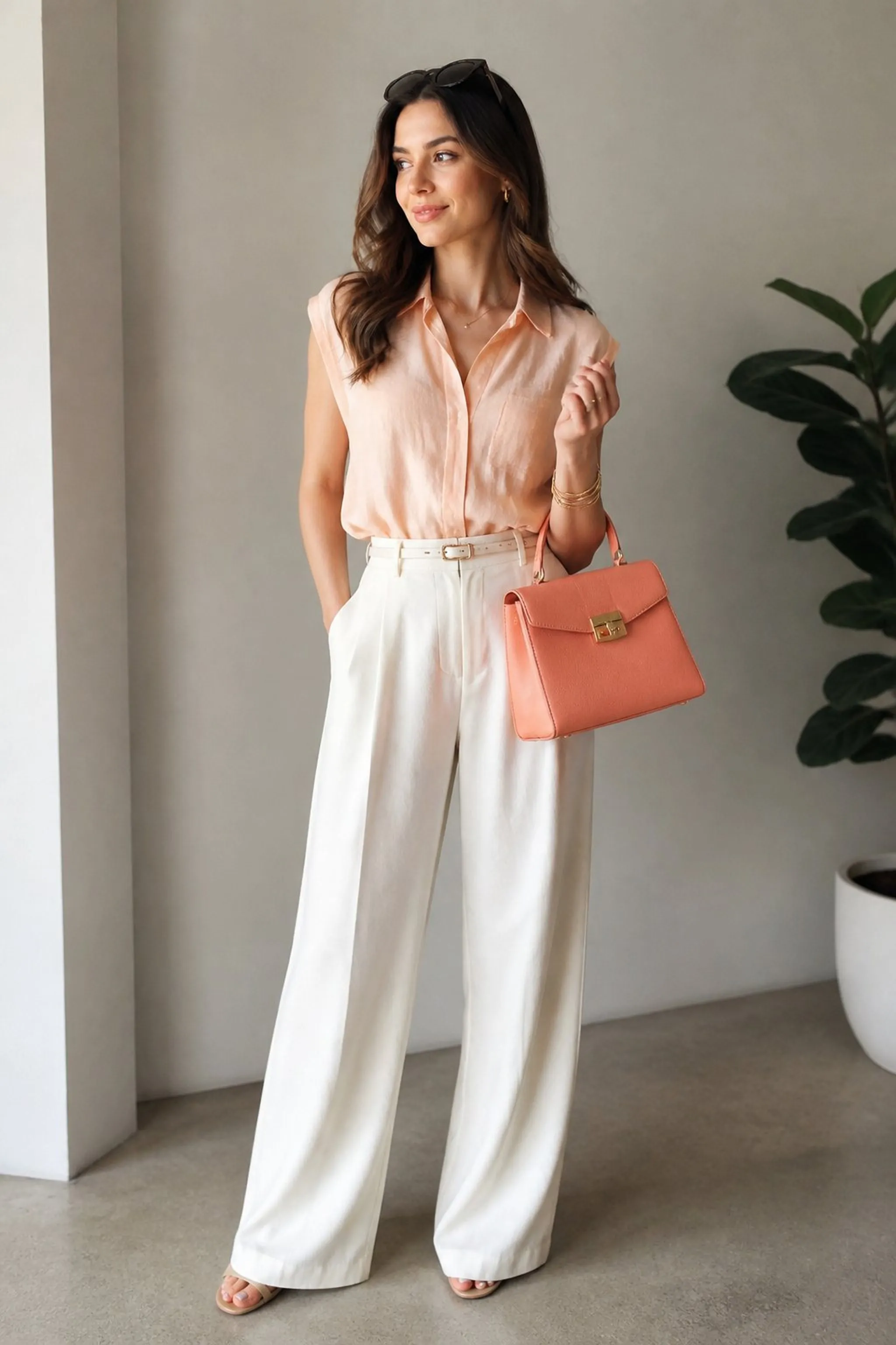 Coral pastel handbag with off-white wide-leg trousers