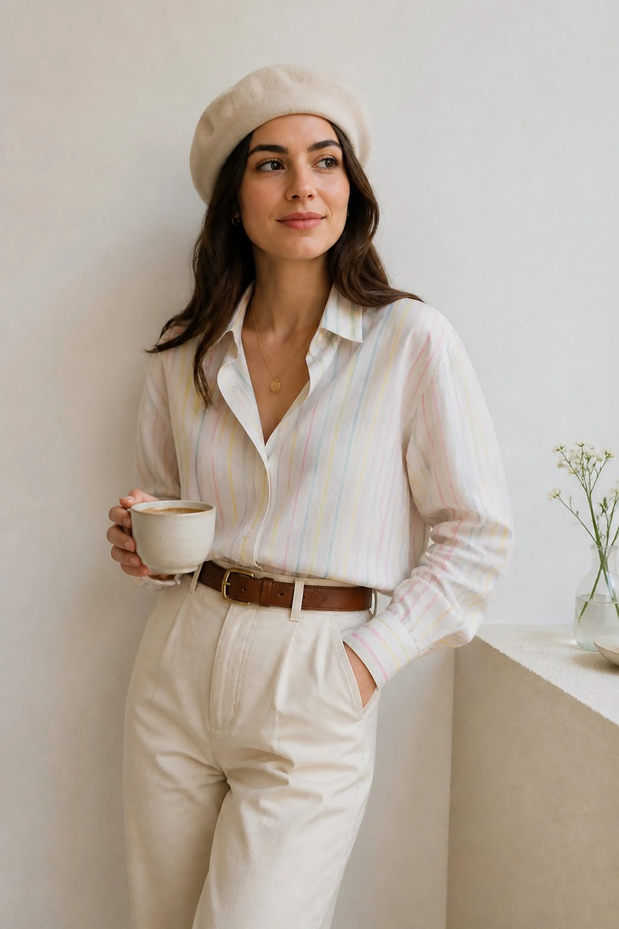 Cream beret with pastel striped button-up shirt