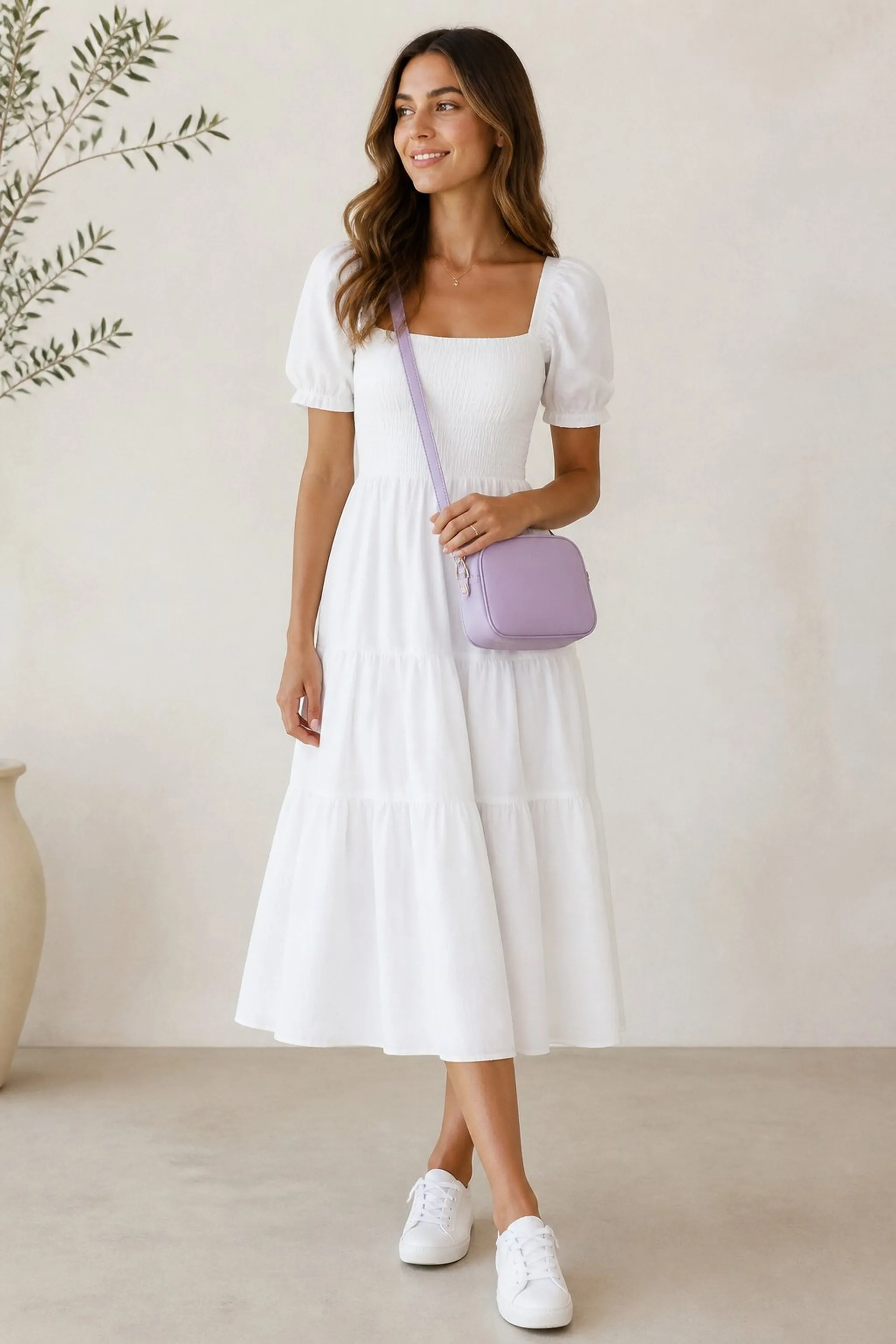 Lavender crossbody and comfy white dress combo