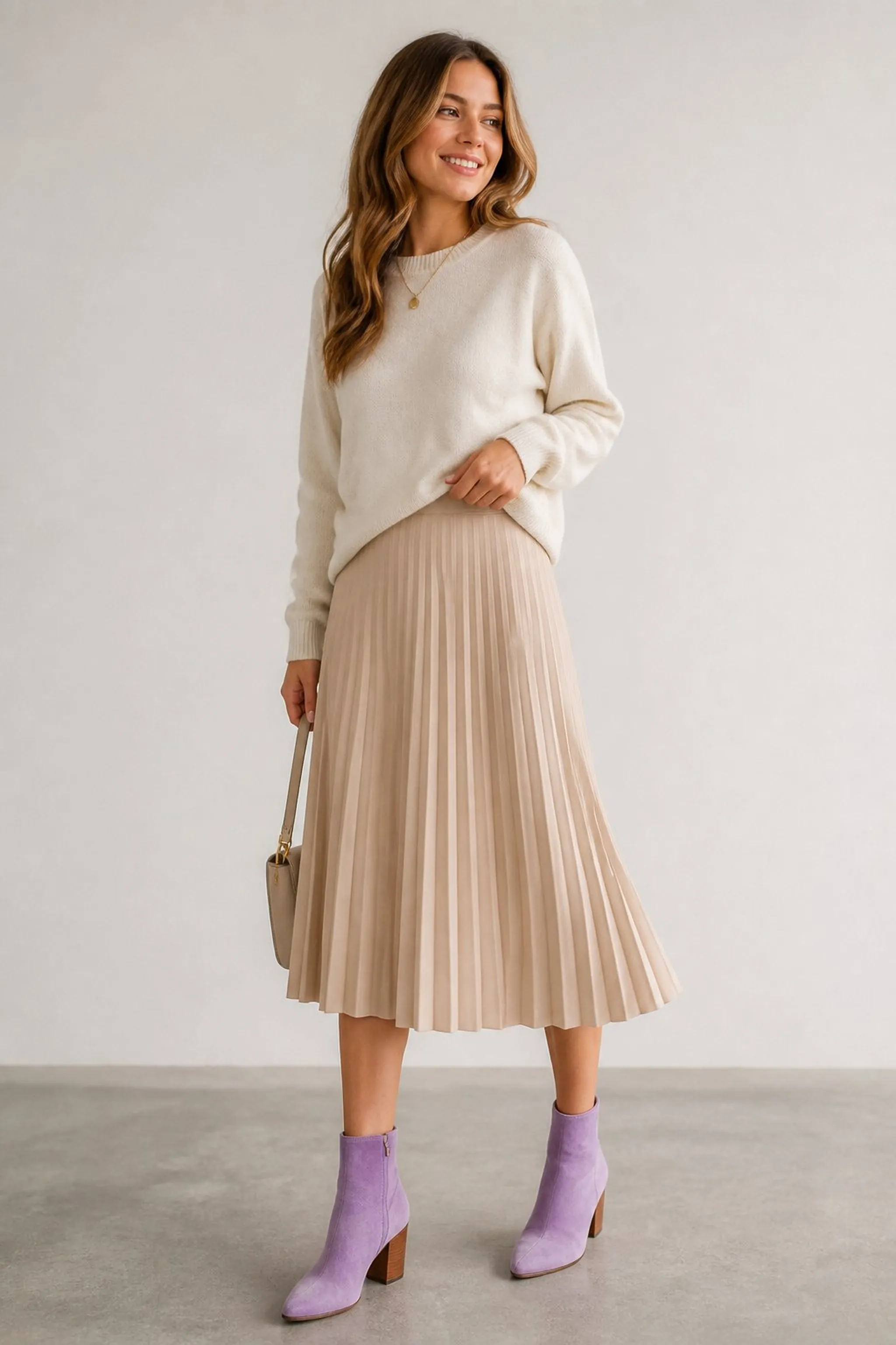 Light lavender ankle boots with beige pleated skirt