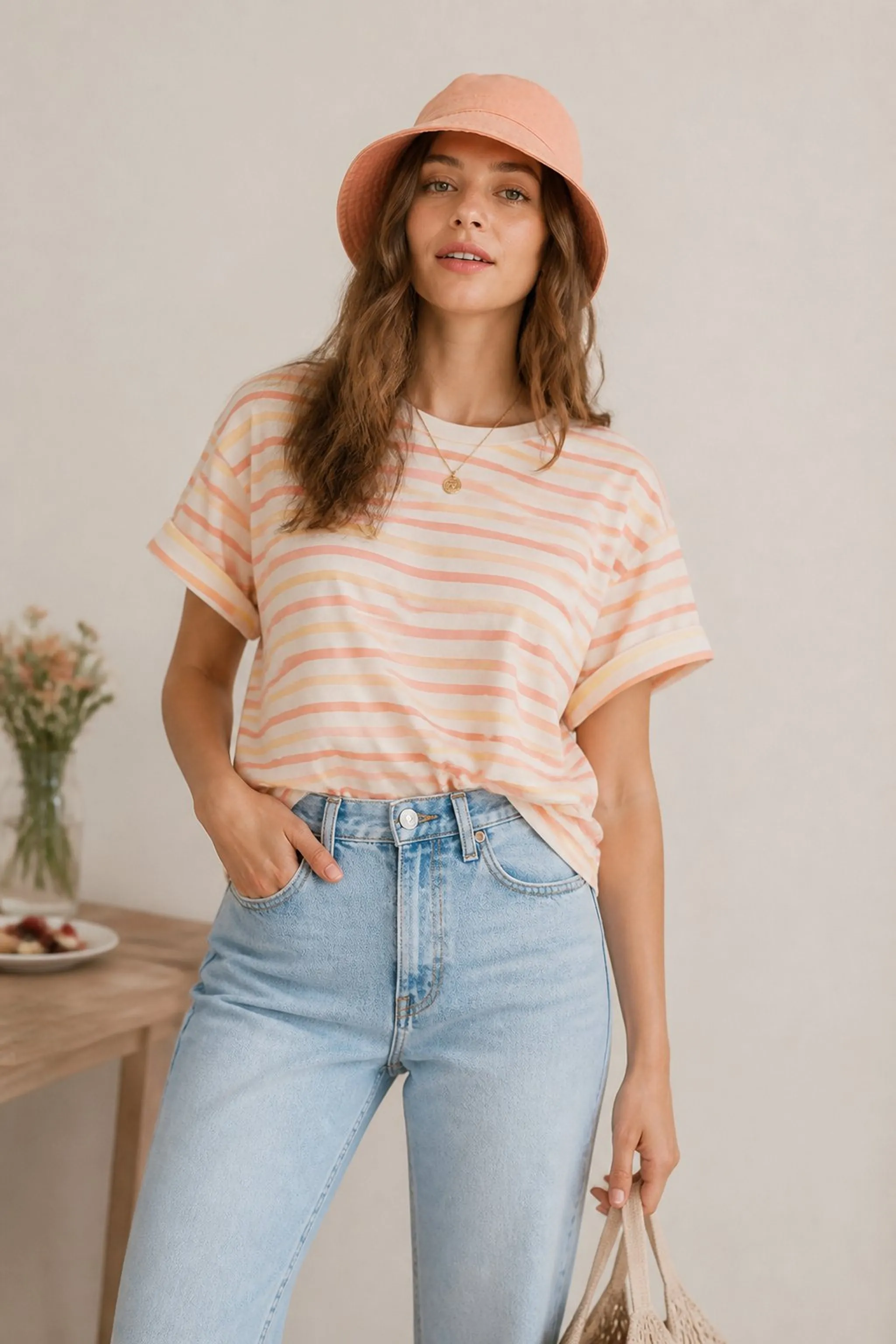 Peach bucket hat with striped pastel tee and light wash jeans