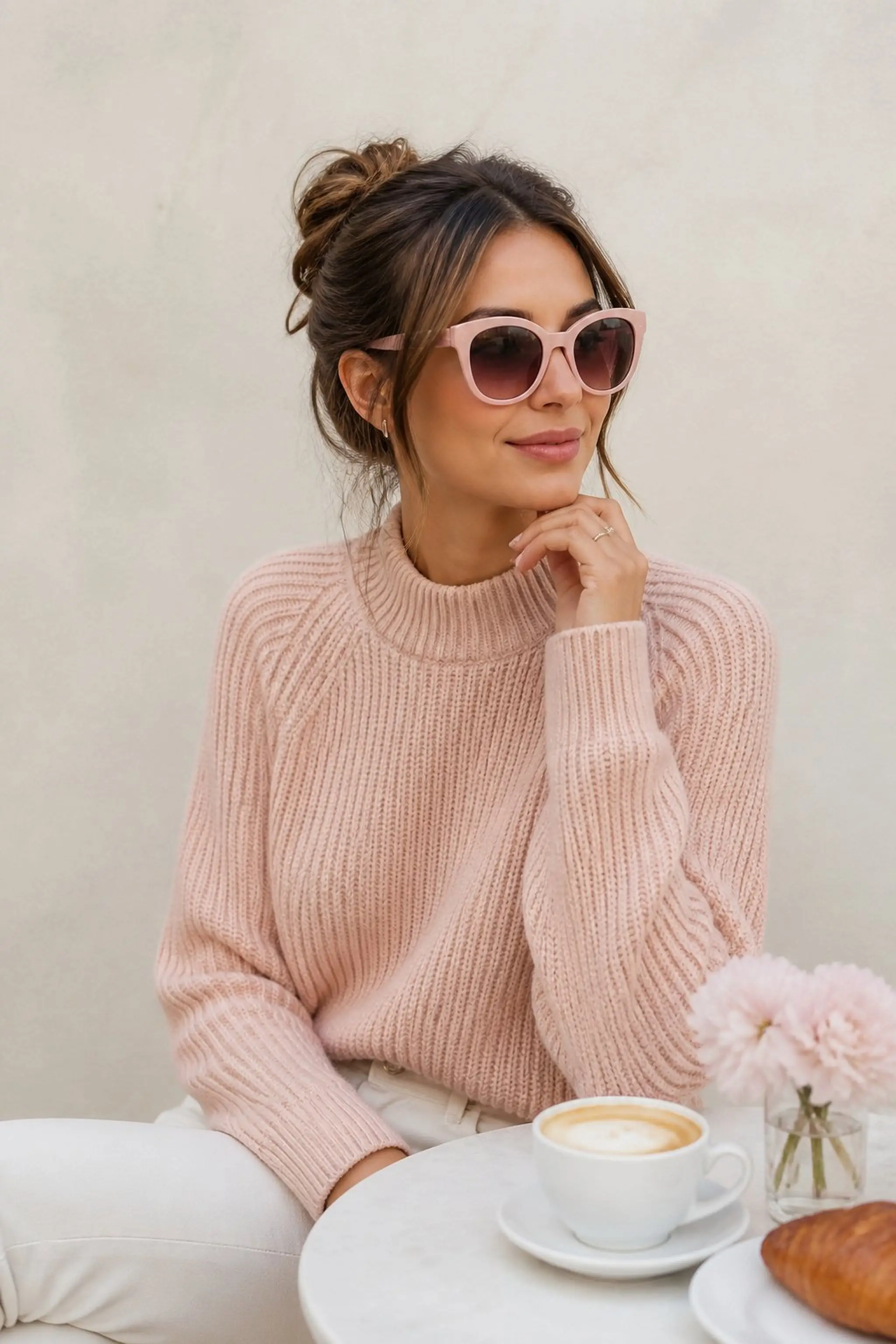 Powder pink oversized sunglasses with blush knit sweater
