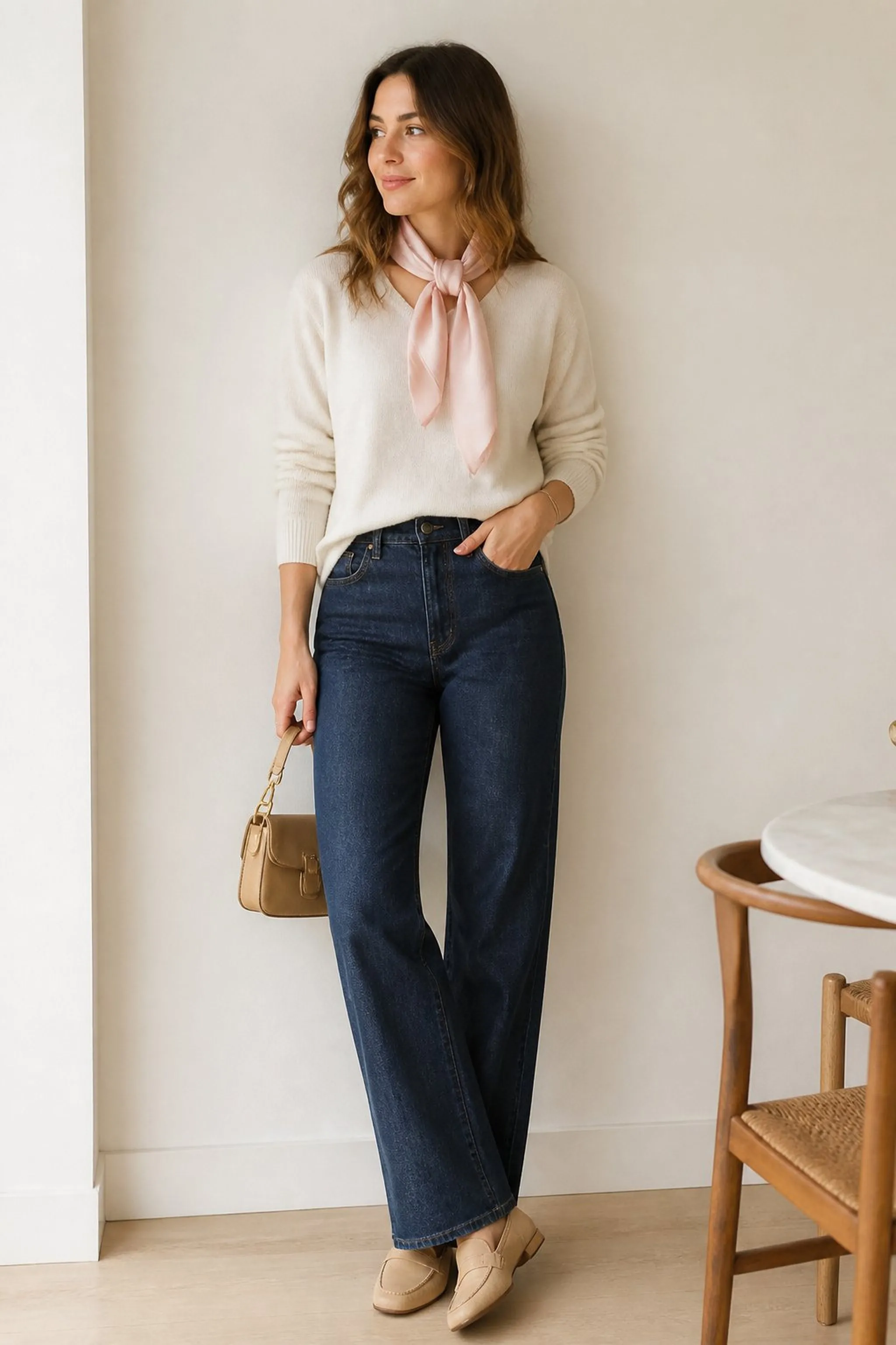Soft pink scarf paired with denim and beige loafers