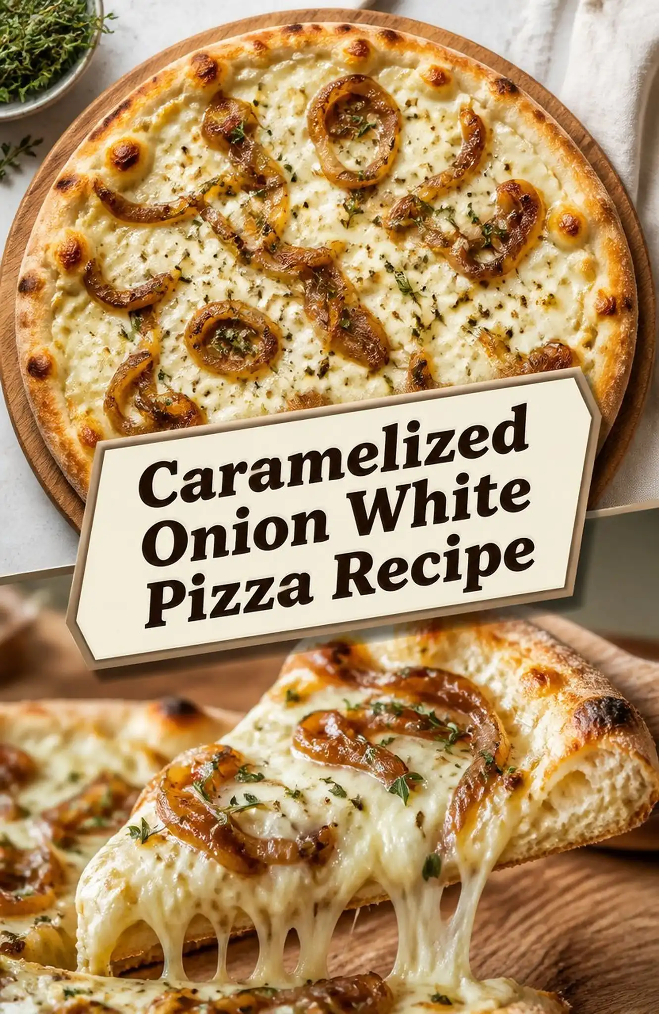 Caramelized Onion White Pizza Recipe - close-up of the finished dish