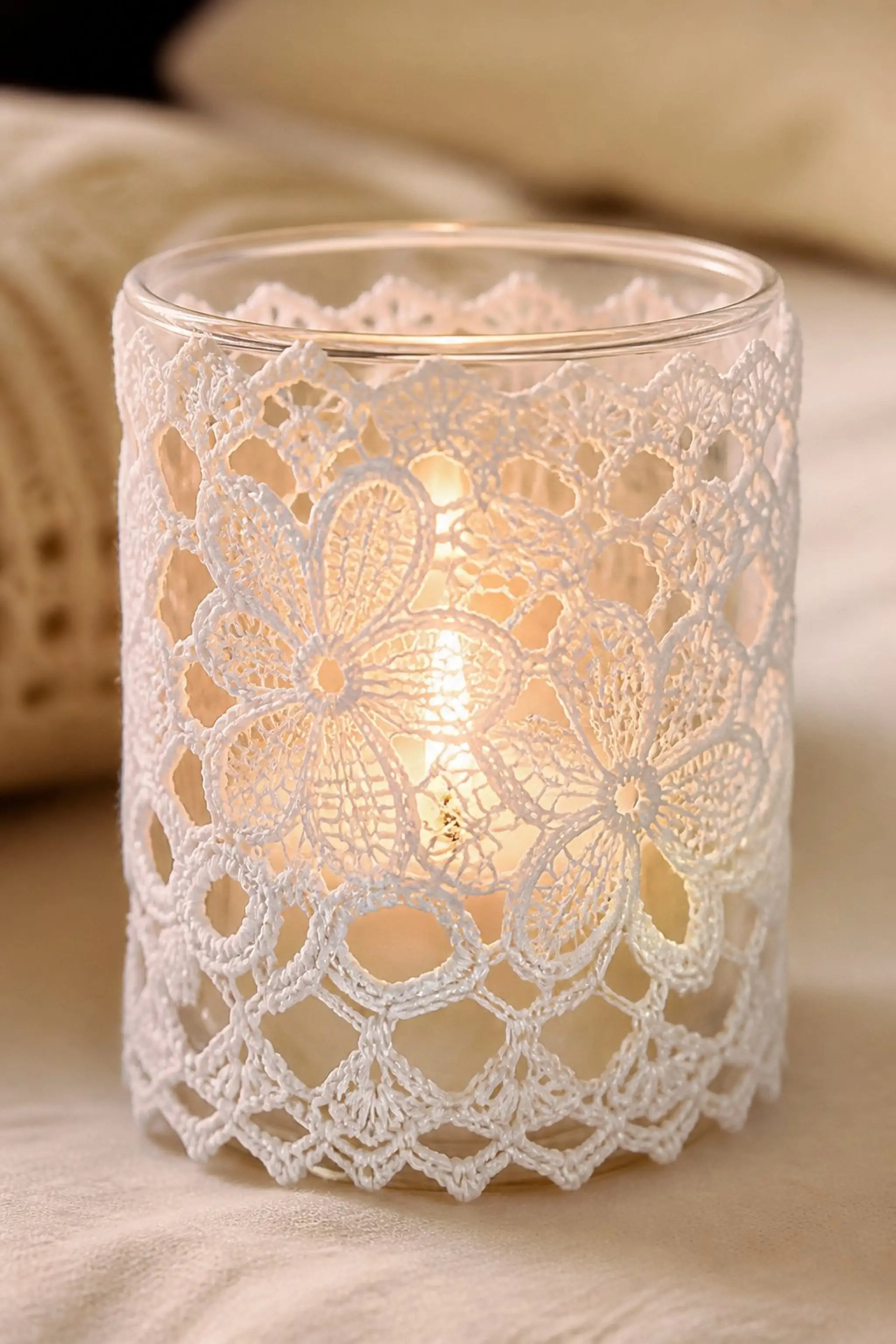 Delicate crochet lace candle wrap