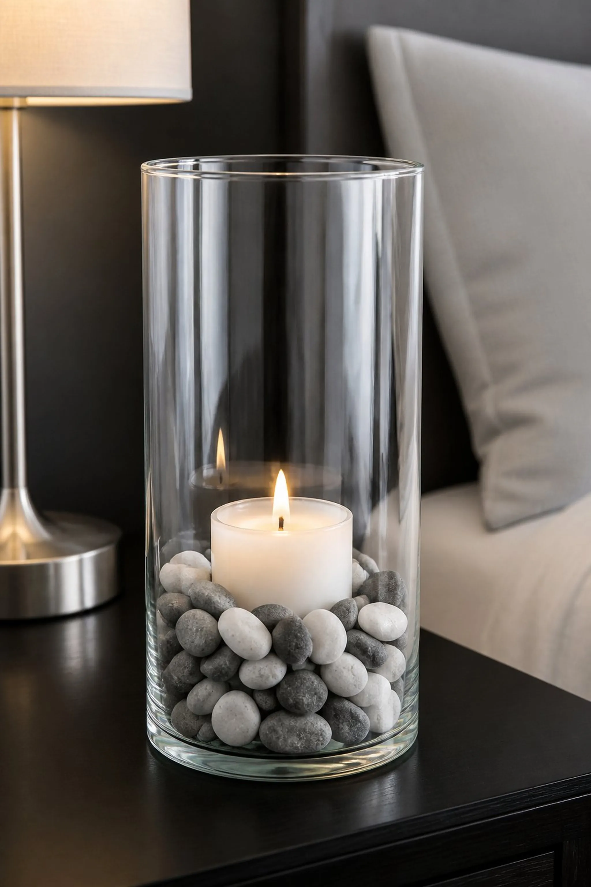 Minimalist glass holder with pebbles base