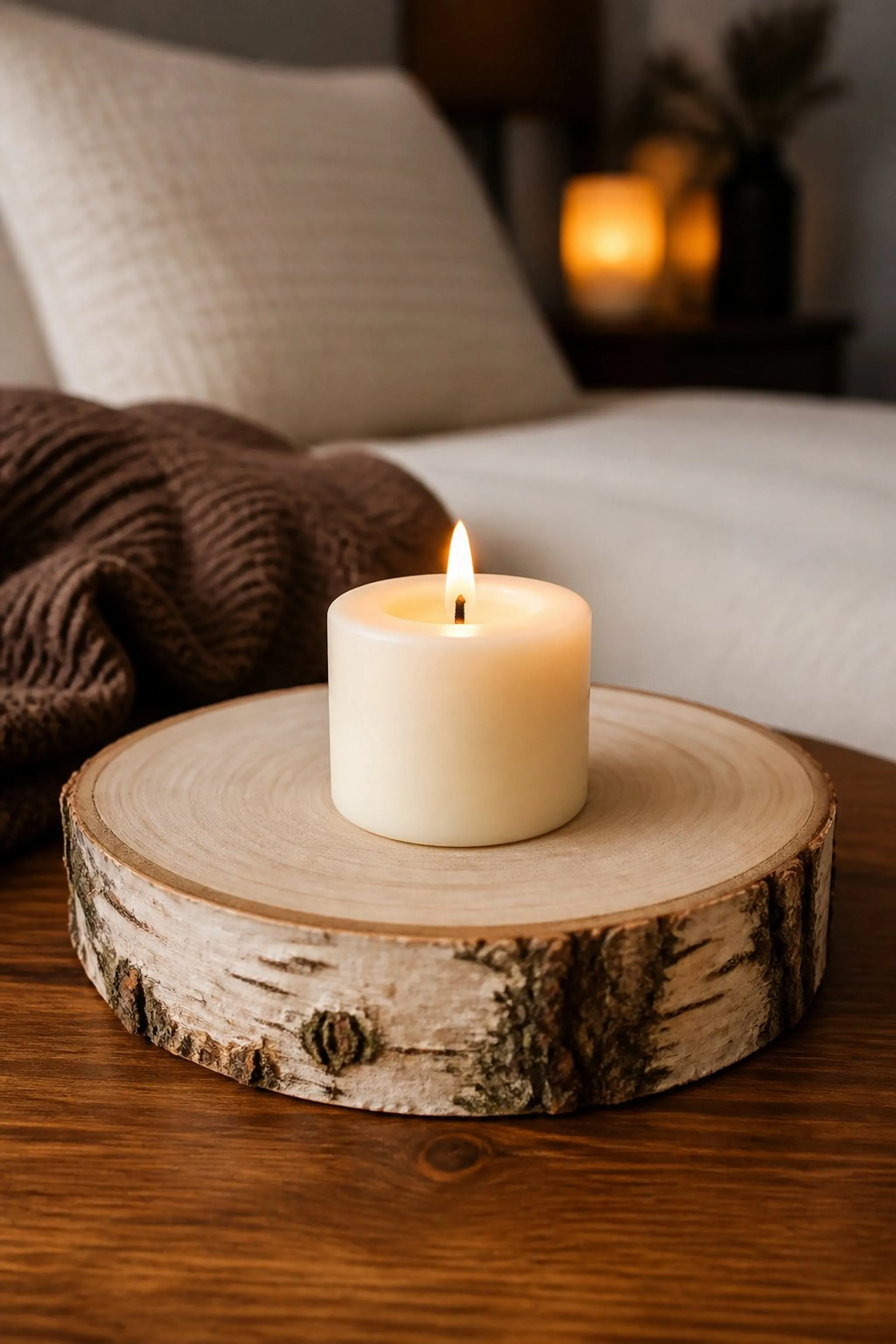 Natural wood slice candle base