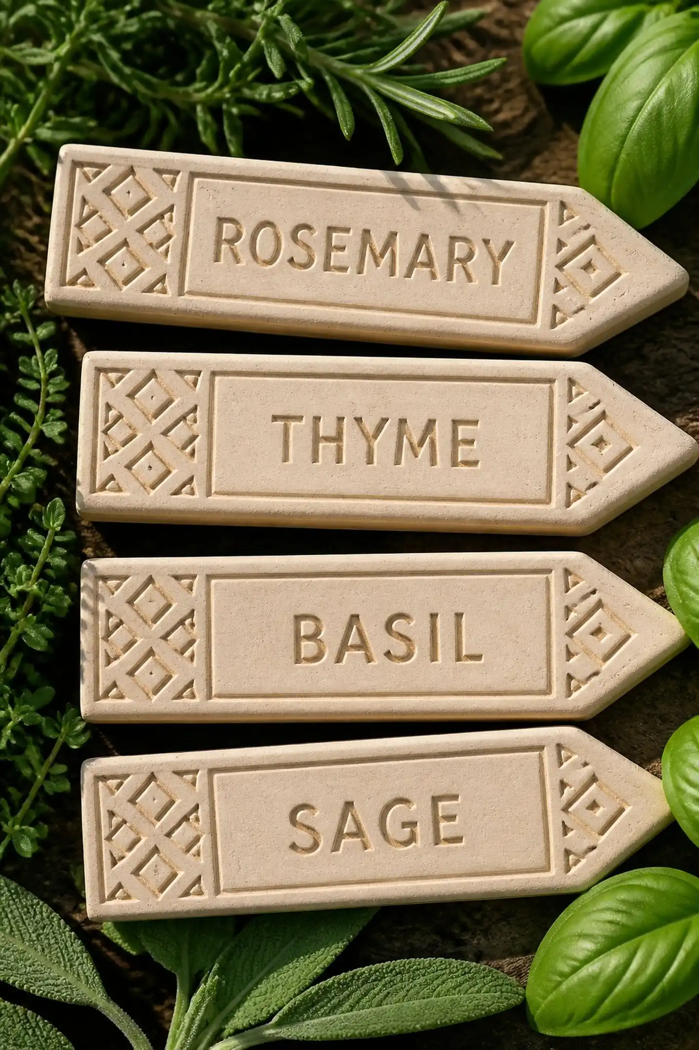 Embossed geometric patterns alongside herb names