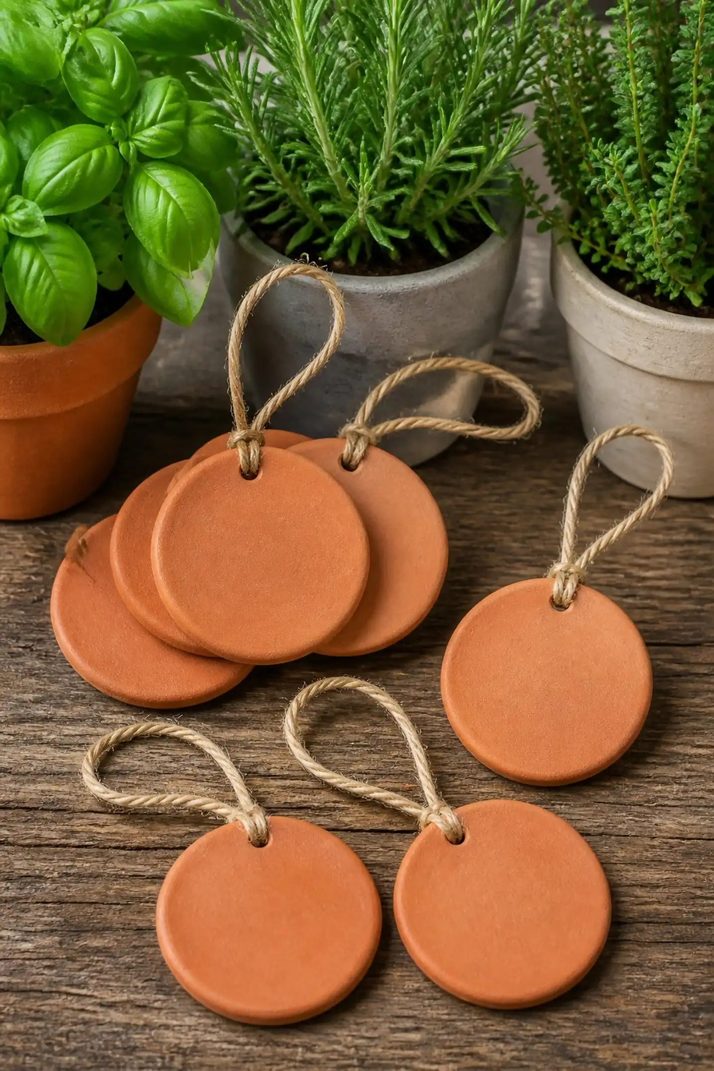 Mini hanging clay markers with twine loops