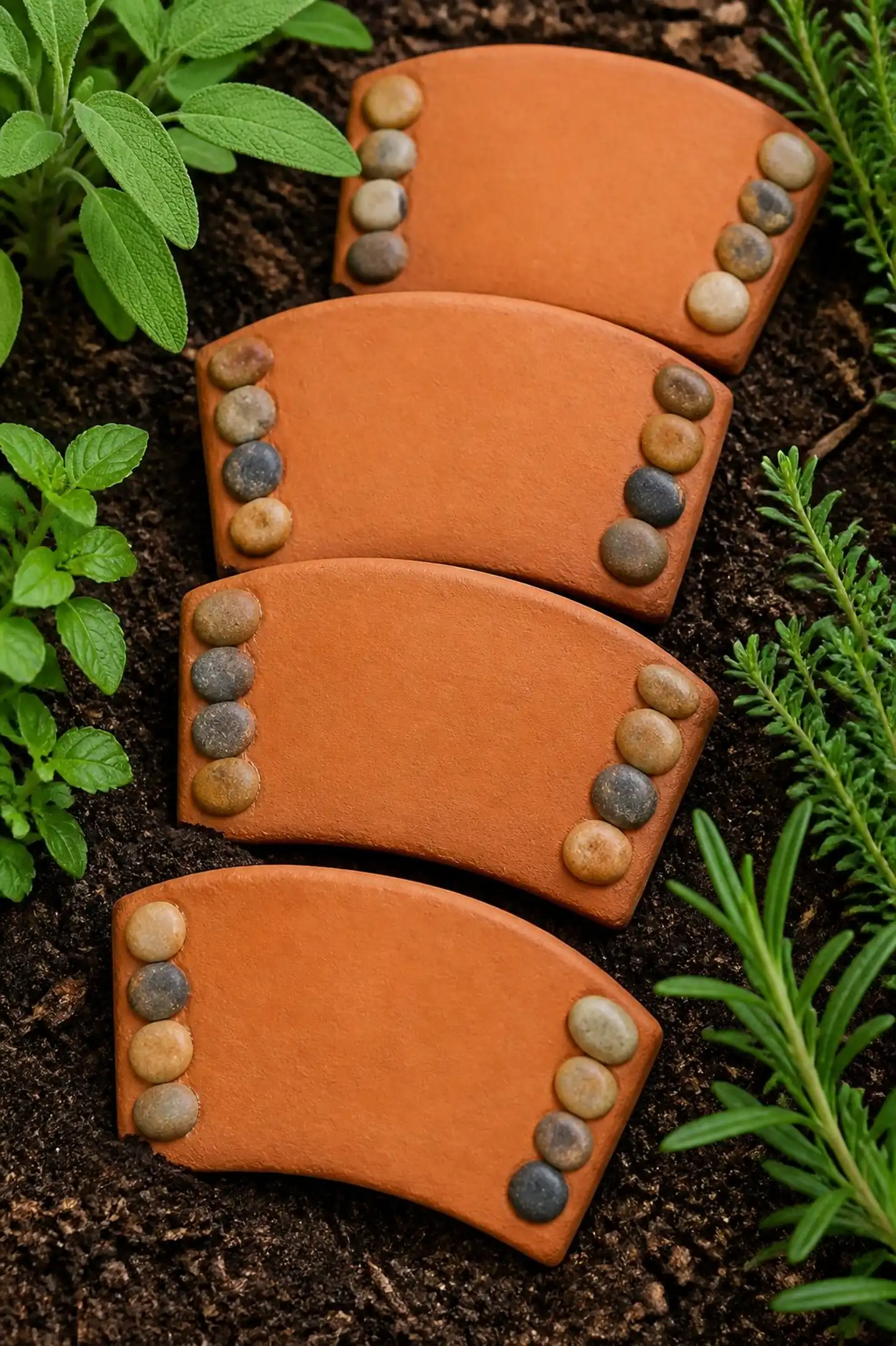 Pressed pebble accents on wide slab markers