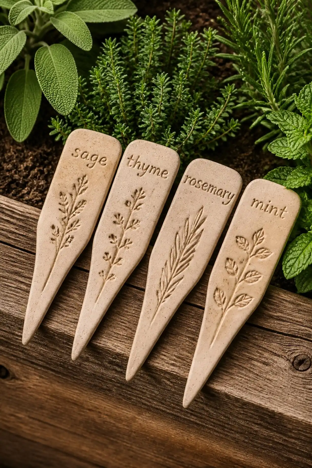 Rustic twig-stamped herb identifiers