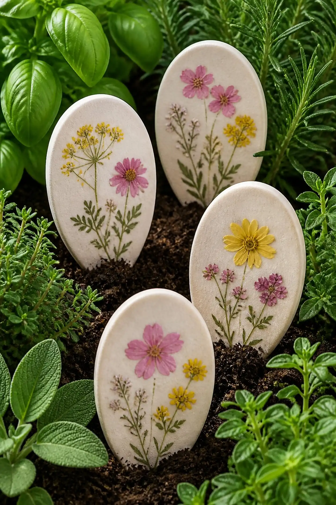 Thin oval tags with pressed flower embellishments