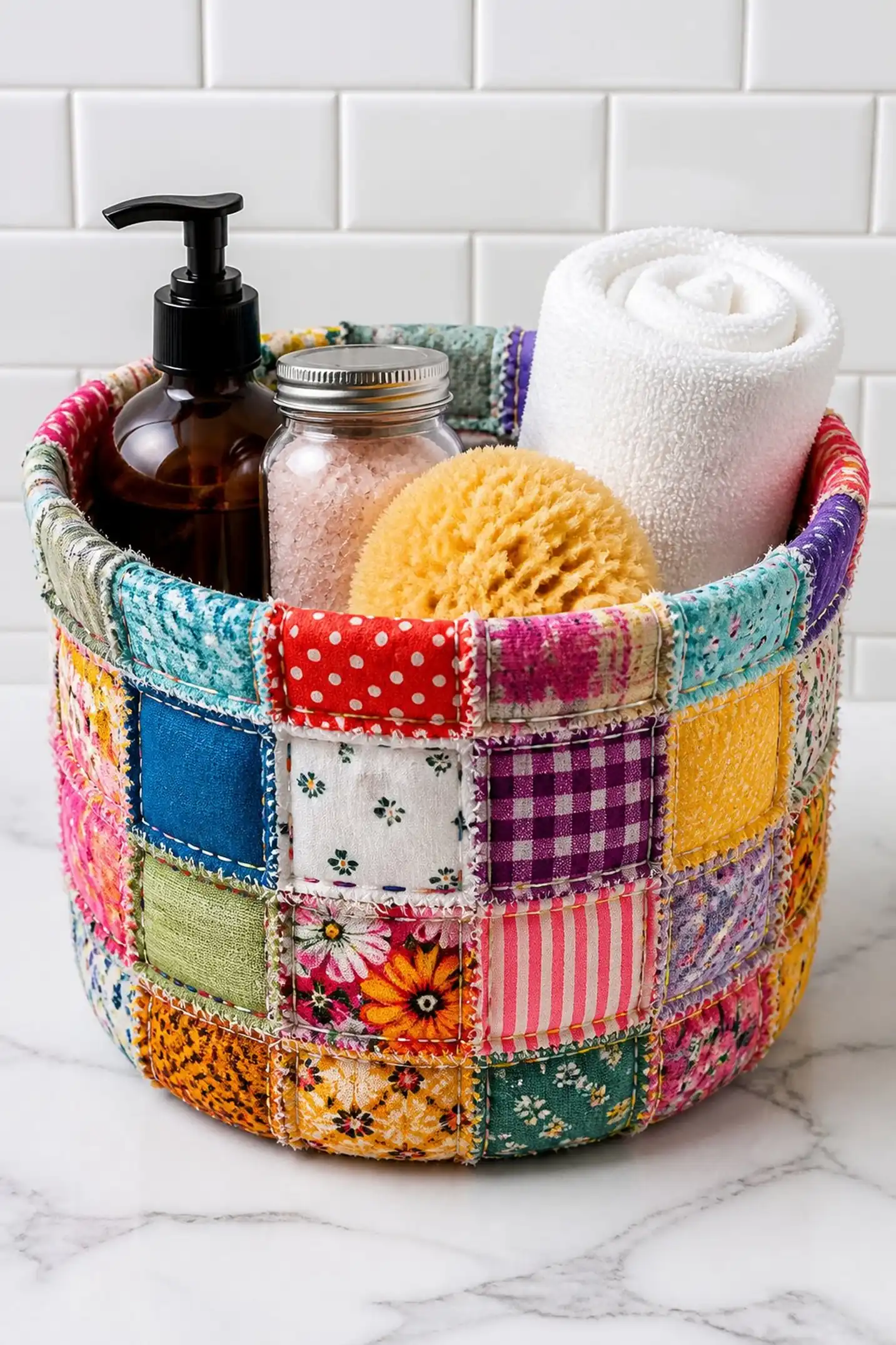 Fabric scrap basket with vibrant patchwork charm