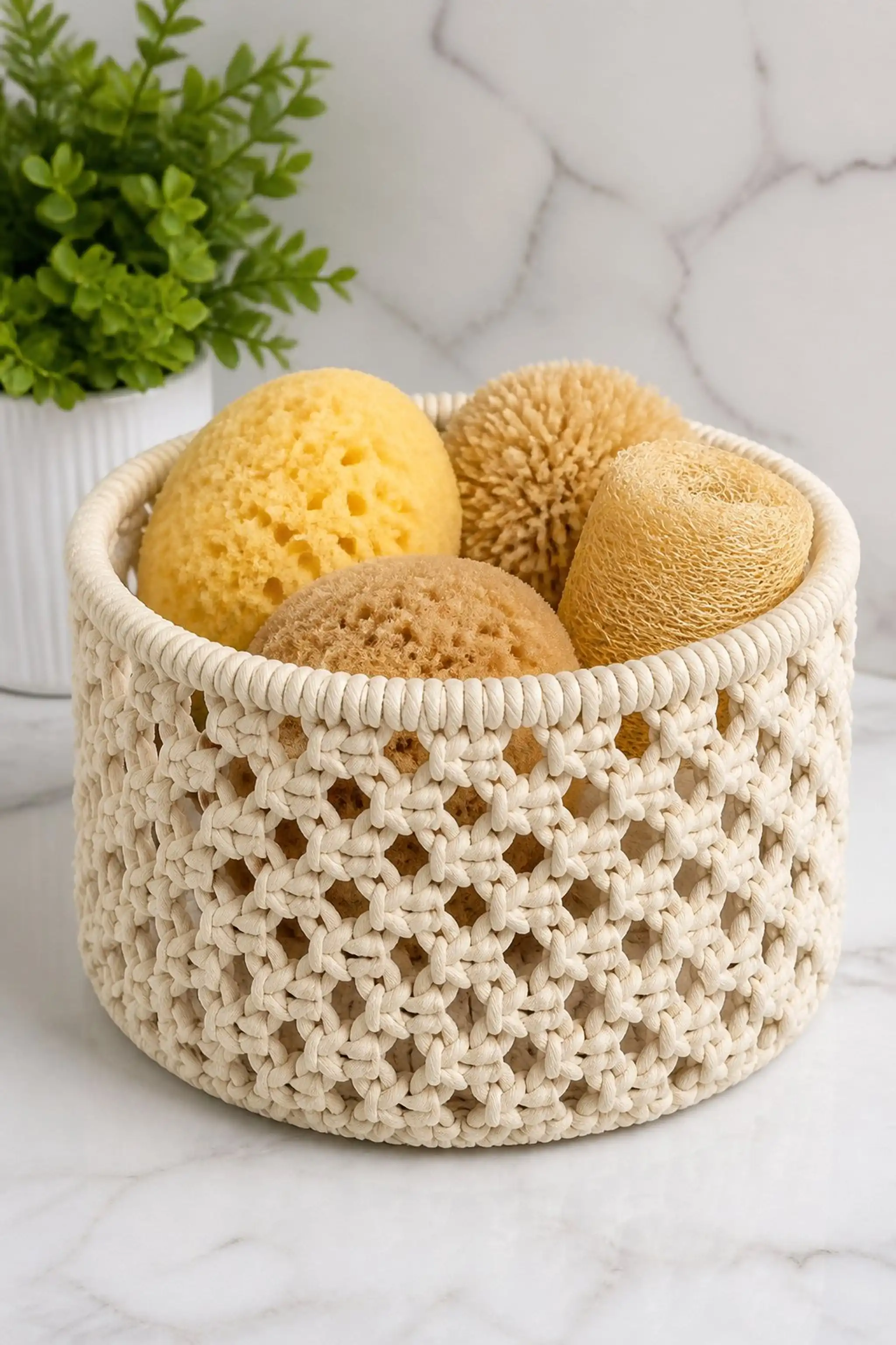 Macrame basket with knotted pattern texture