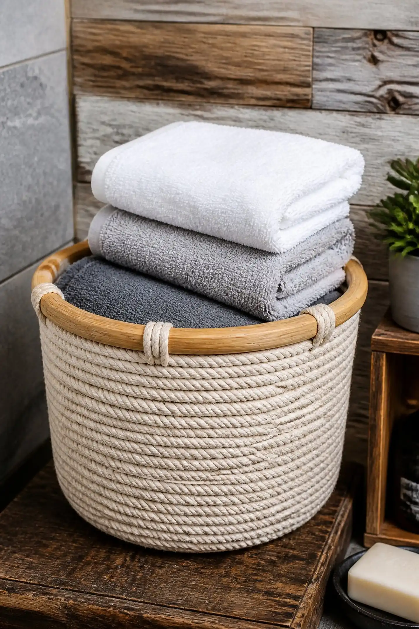 Rope and wood hoop basket for rustic charm