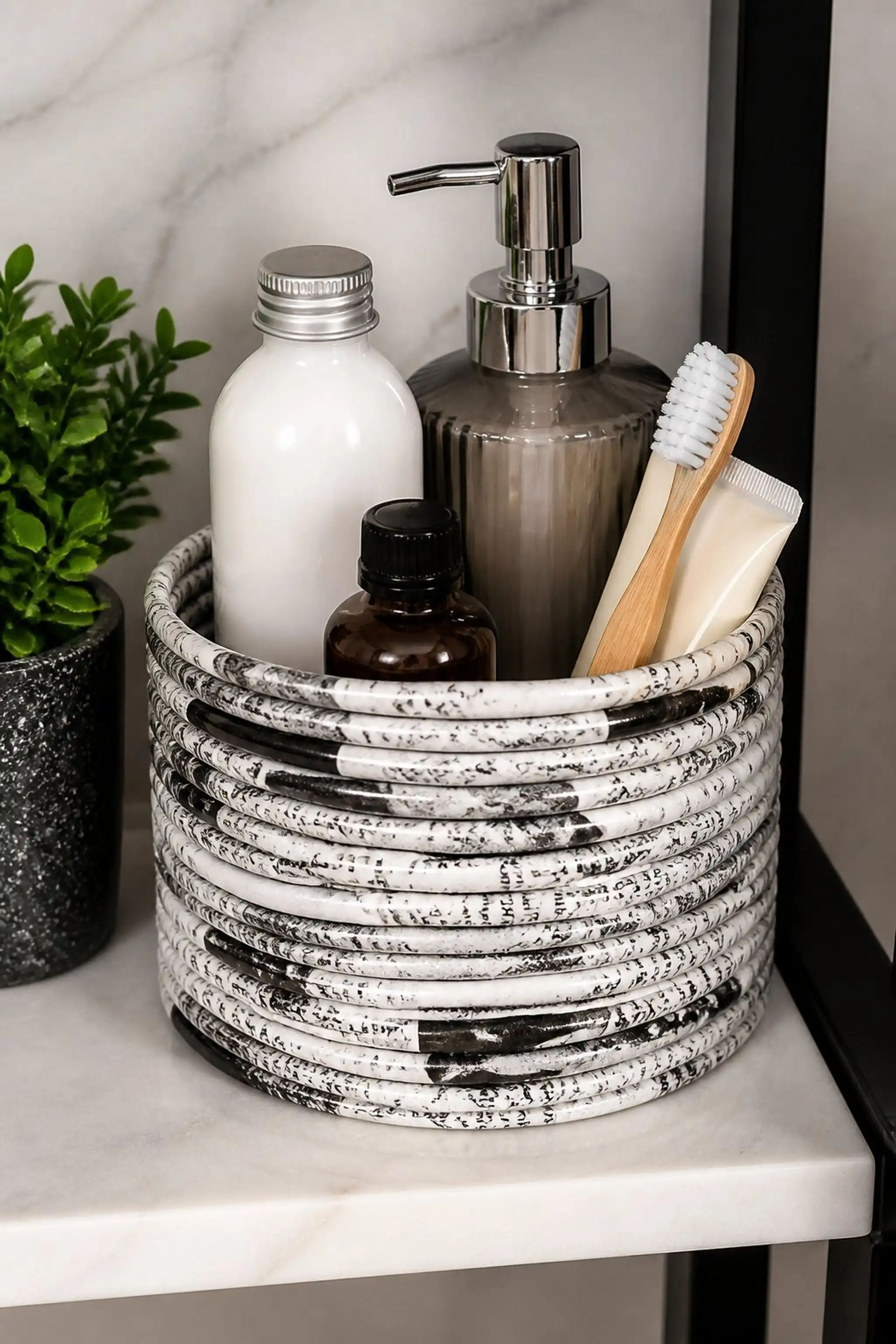 Upcycled newspaper basket with glossy finish