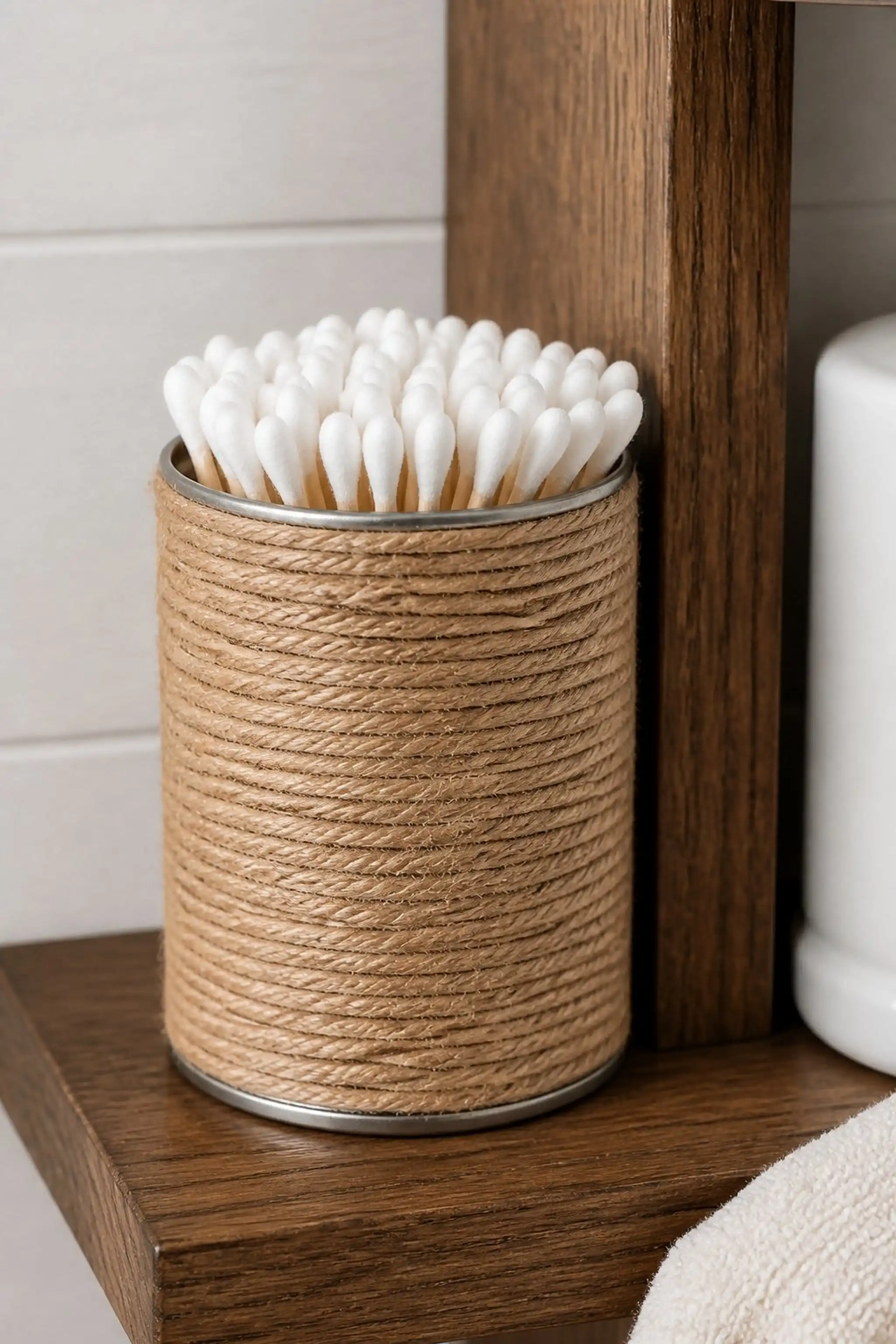 Upcycled tin can basket with twine wrapping