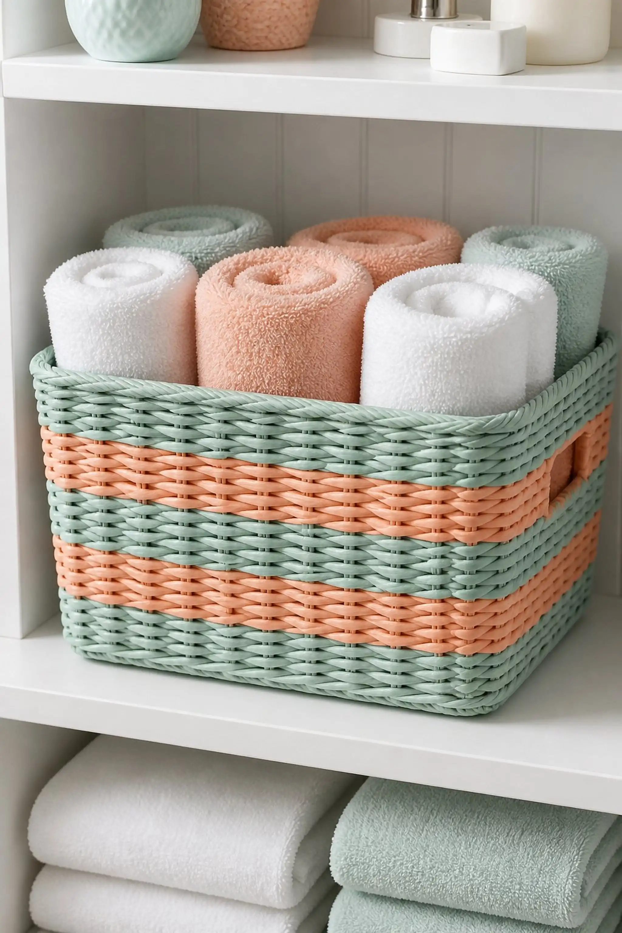 Wicker basket with painted accent stripes