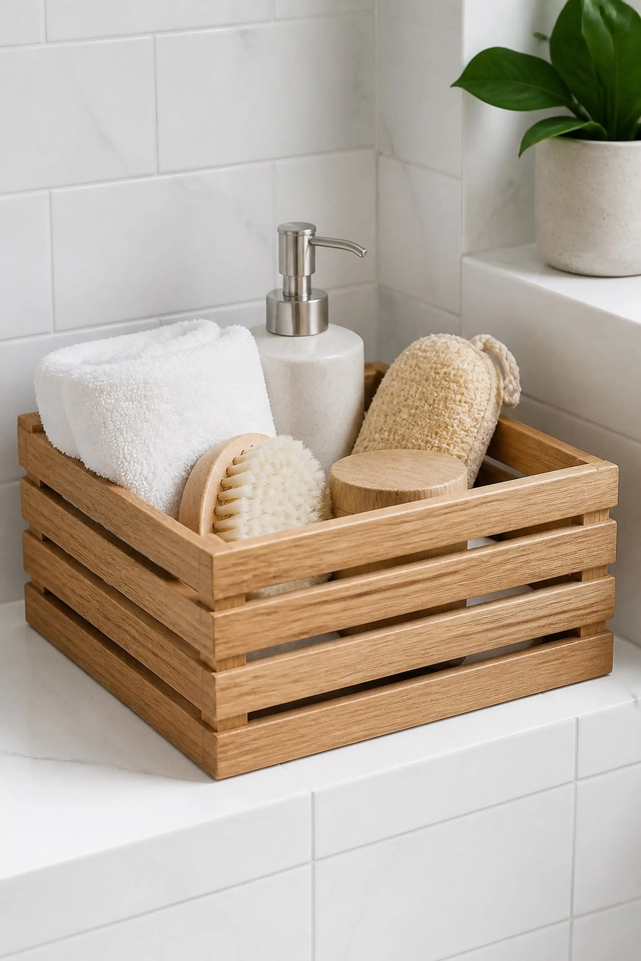 Wooden slat basket with a minimalist vibe
