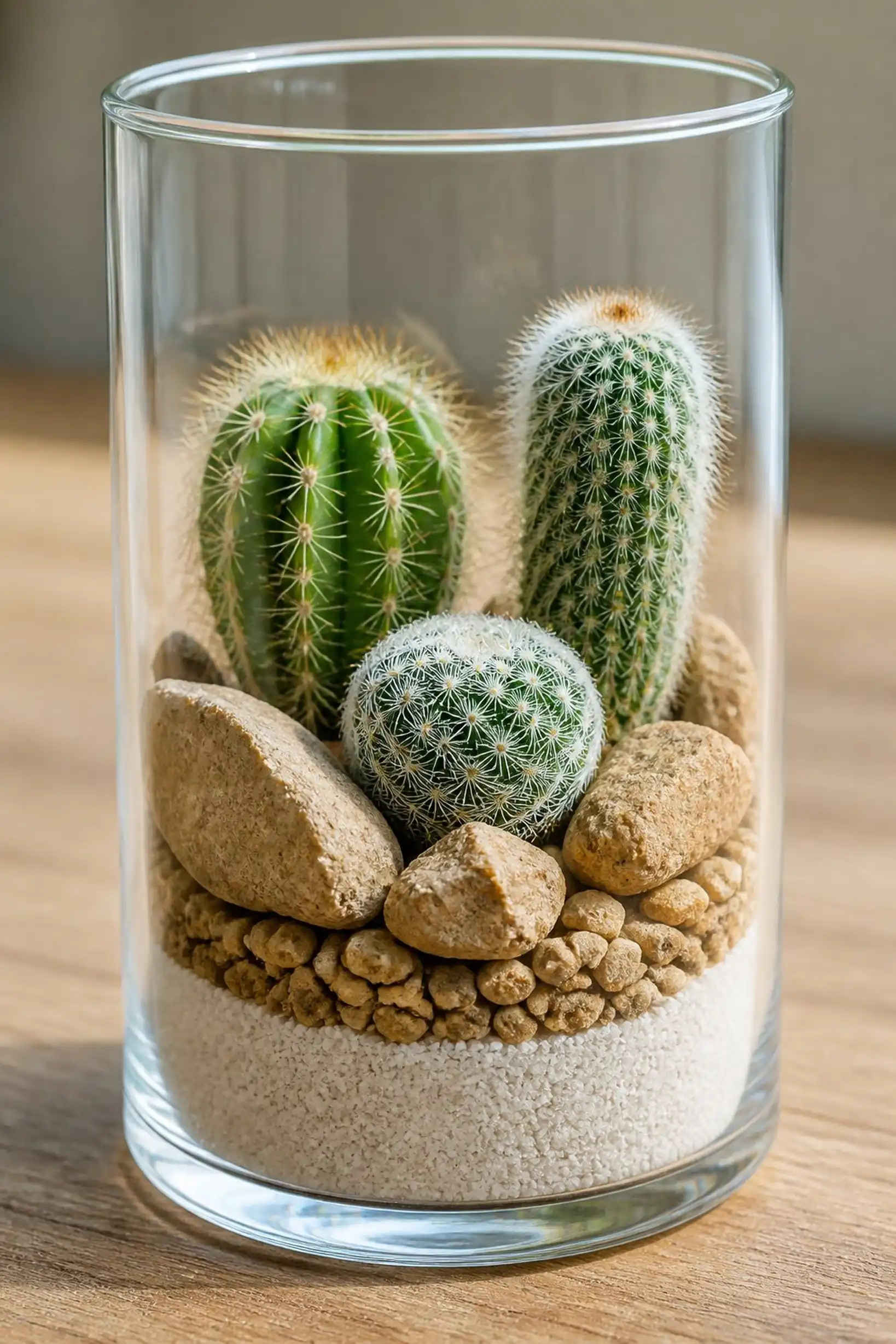 Cactus trio with sand and stone layers in clear jar