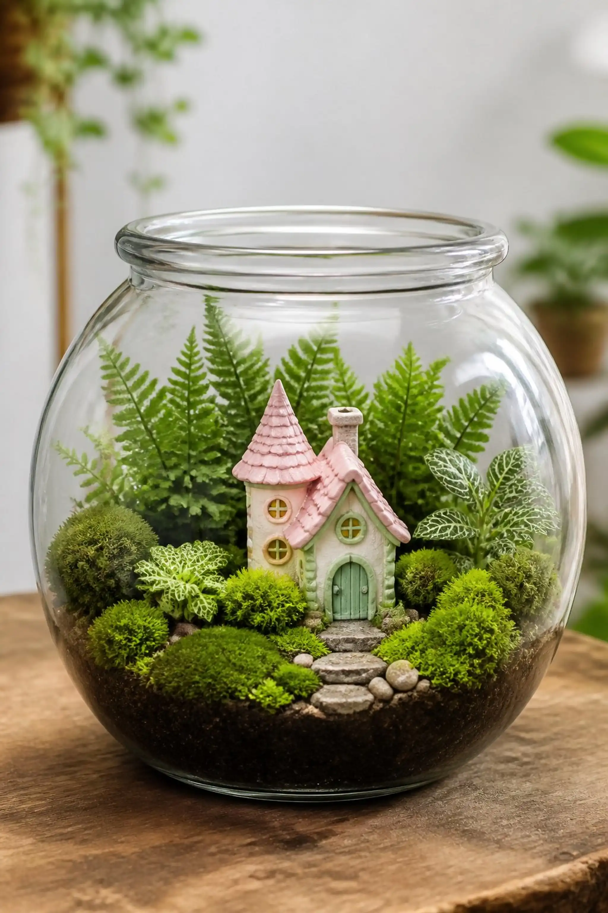 Fairy garden theme with moss and tiny figurines