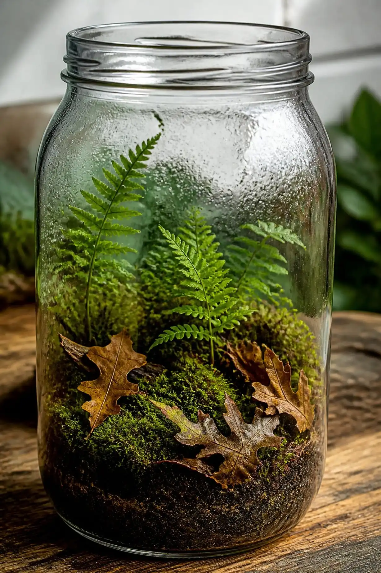 Mossy woodland scene in a recycled mason jar