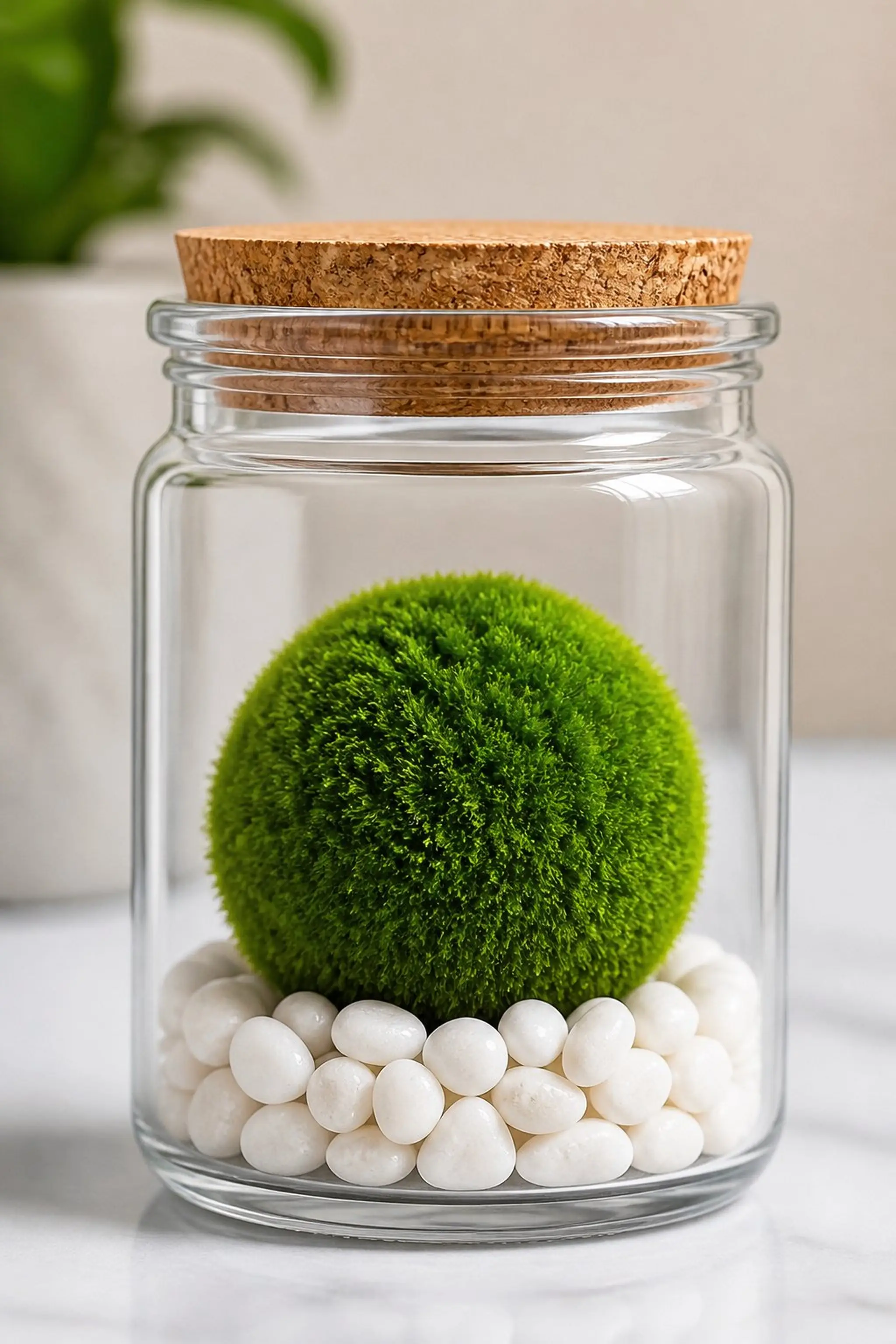 Simple moss ball and pebble display in jar