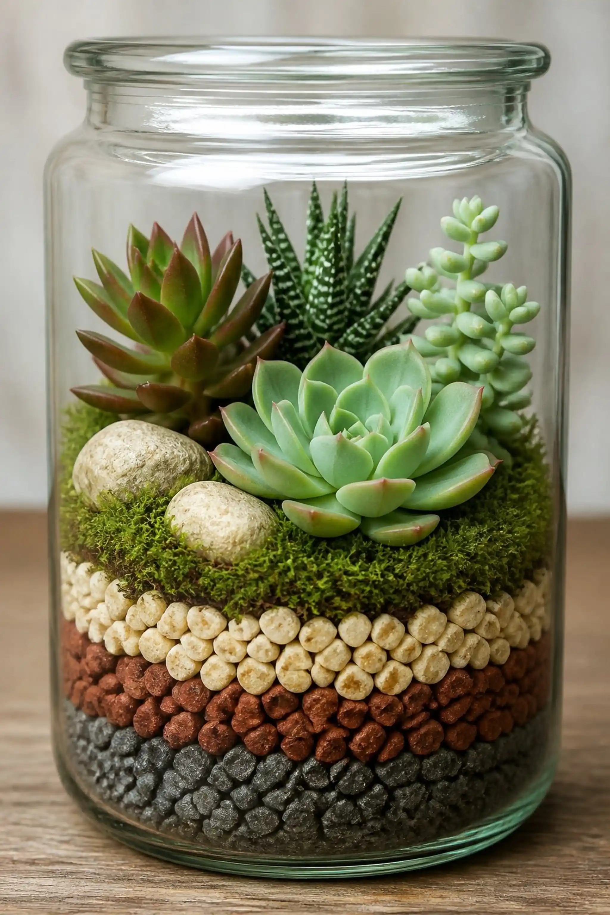 Succulent and stone layers create eye-catching contrast