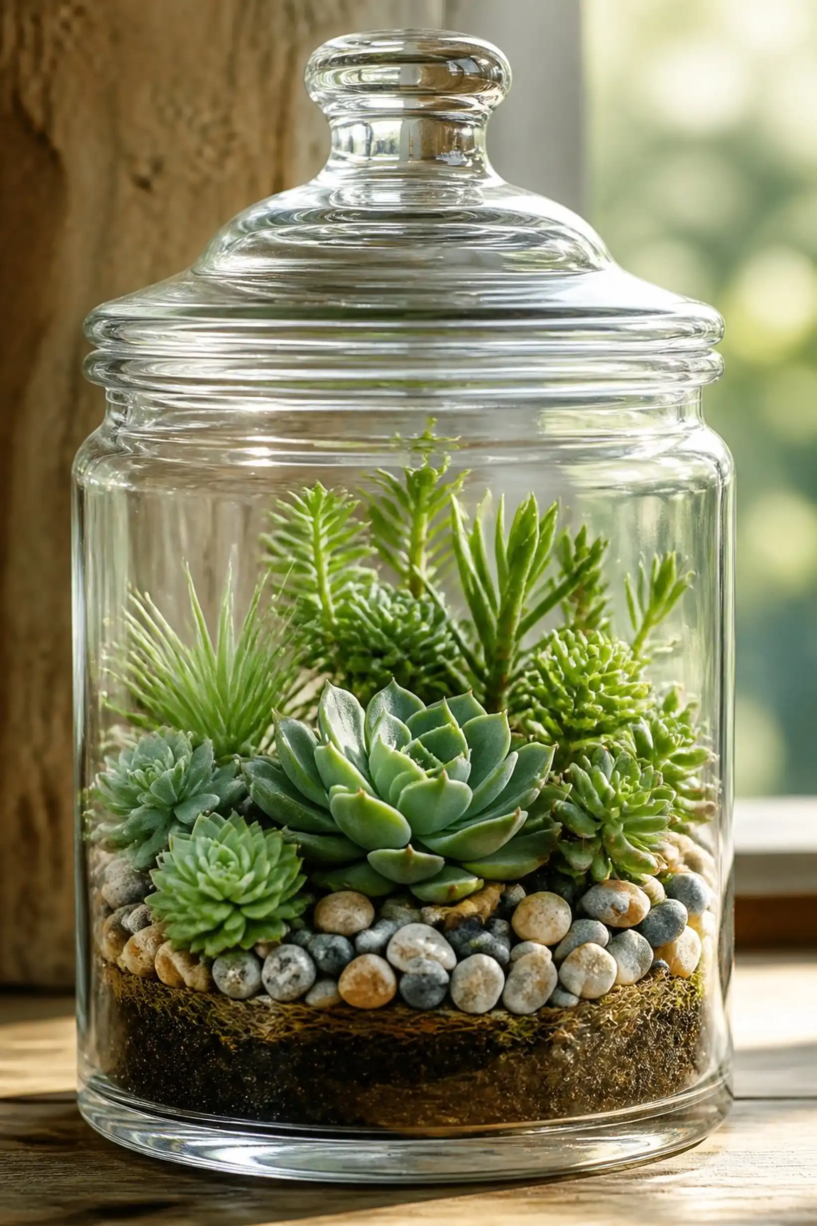 Succulent cluster with pebbles in a vintage apothecary jar