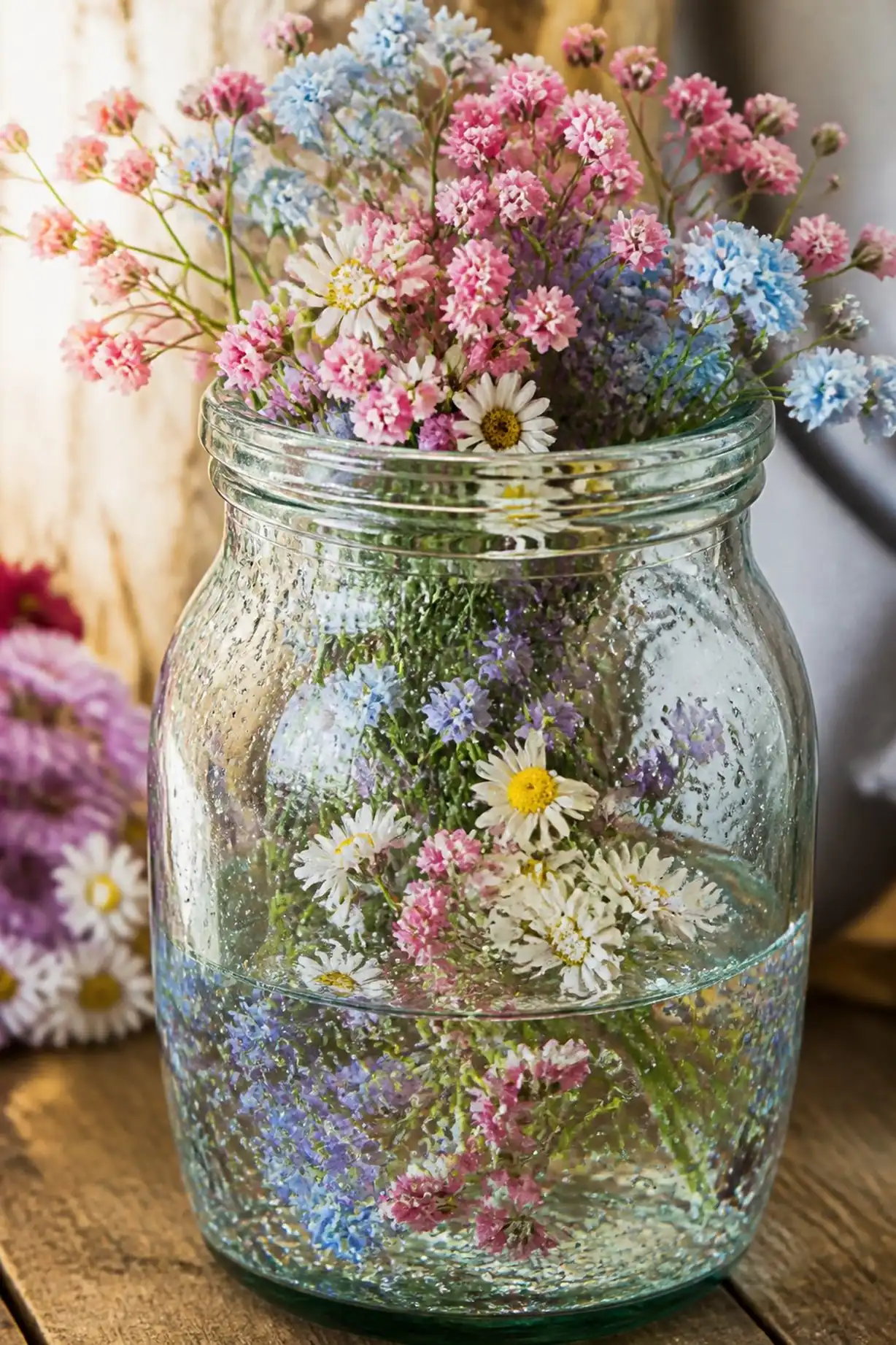 Vintage-style jar filled with colorful tiny flowers