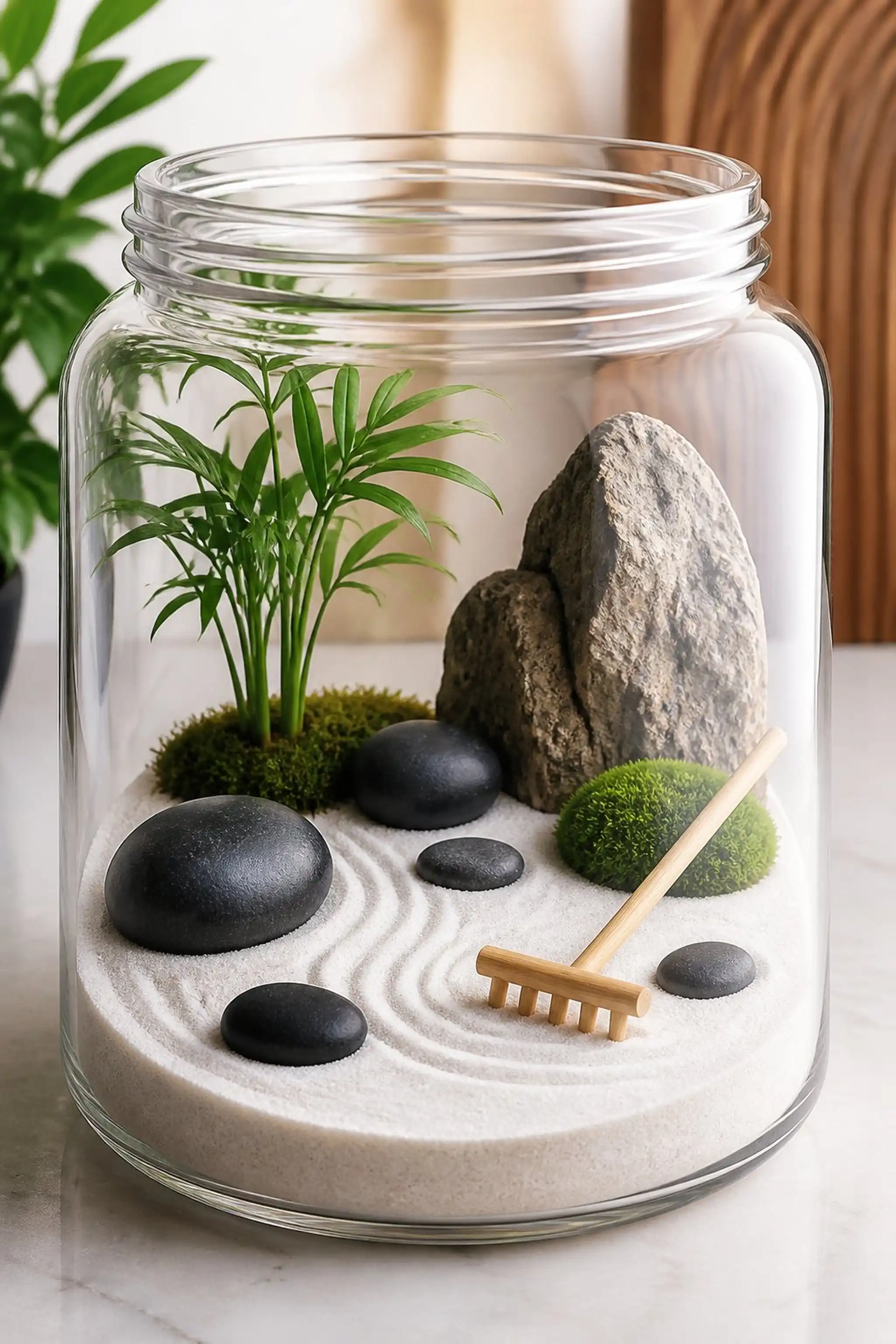 Zen sand garden terrarium with miniature rake