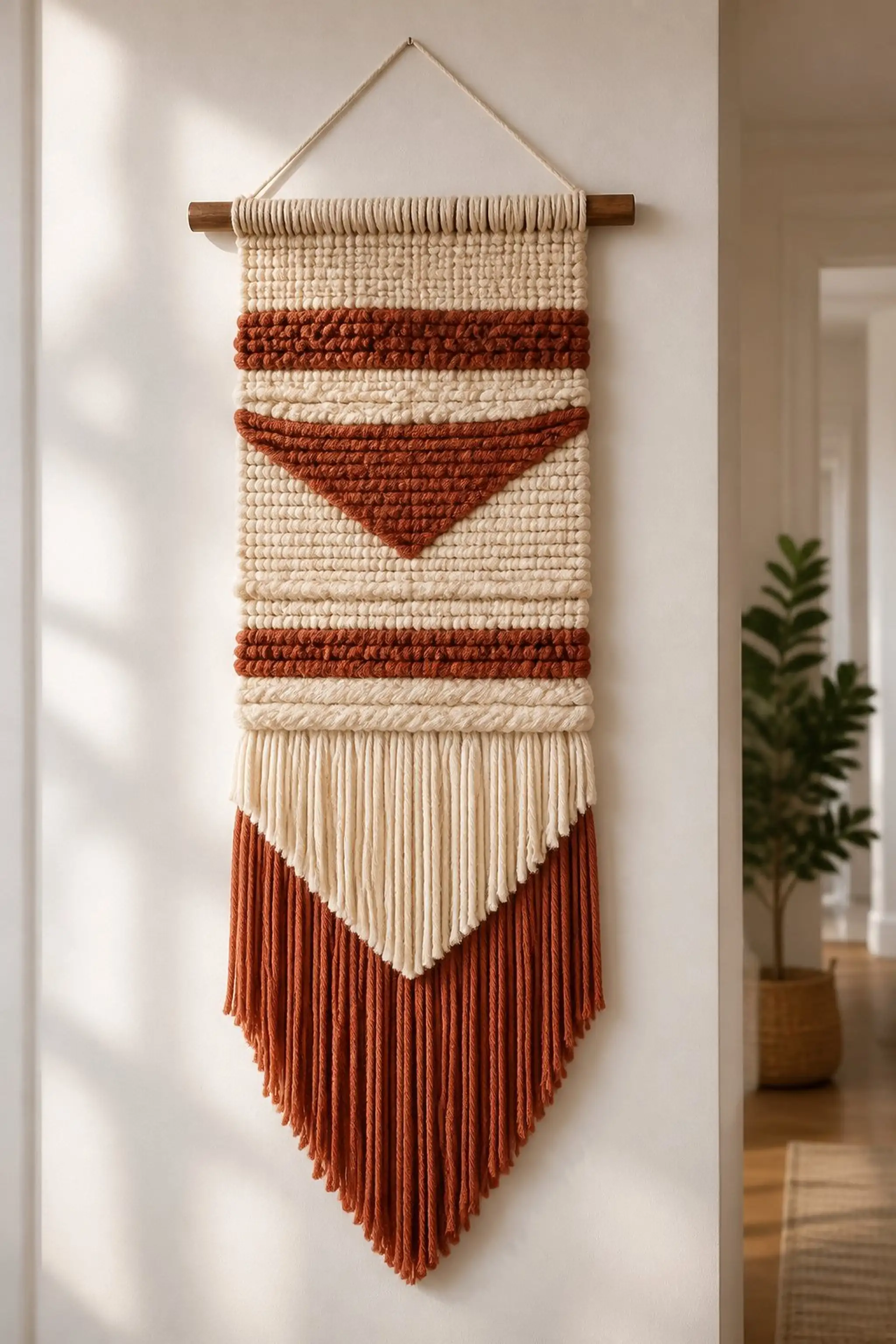 Boho-inspired woven yarn wall hanging with fringe