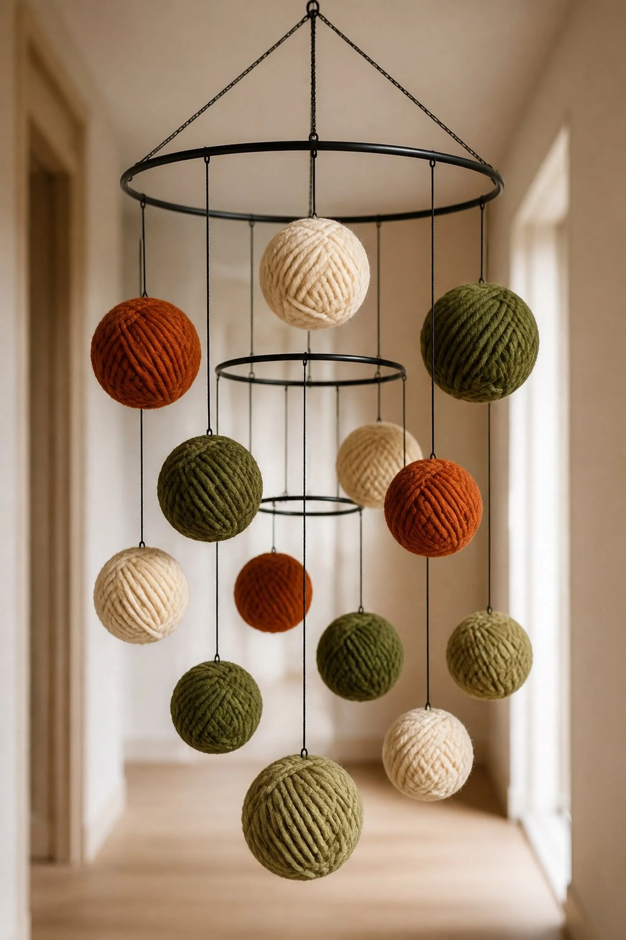 Chunky yarn balls suspended in elegant cascading mobile