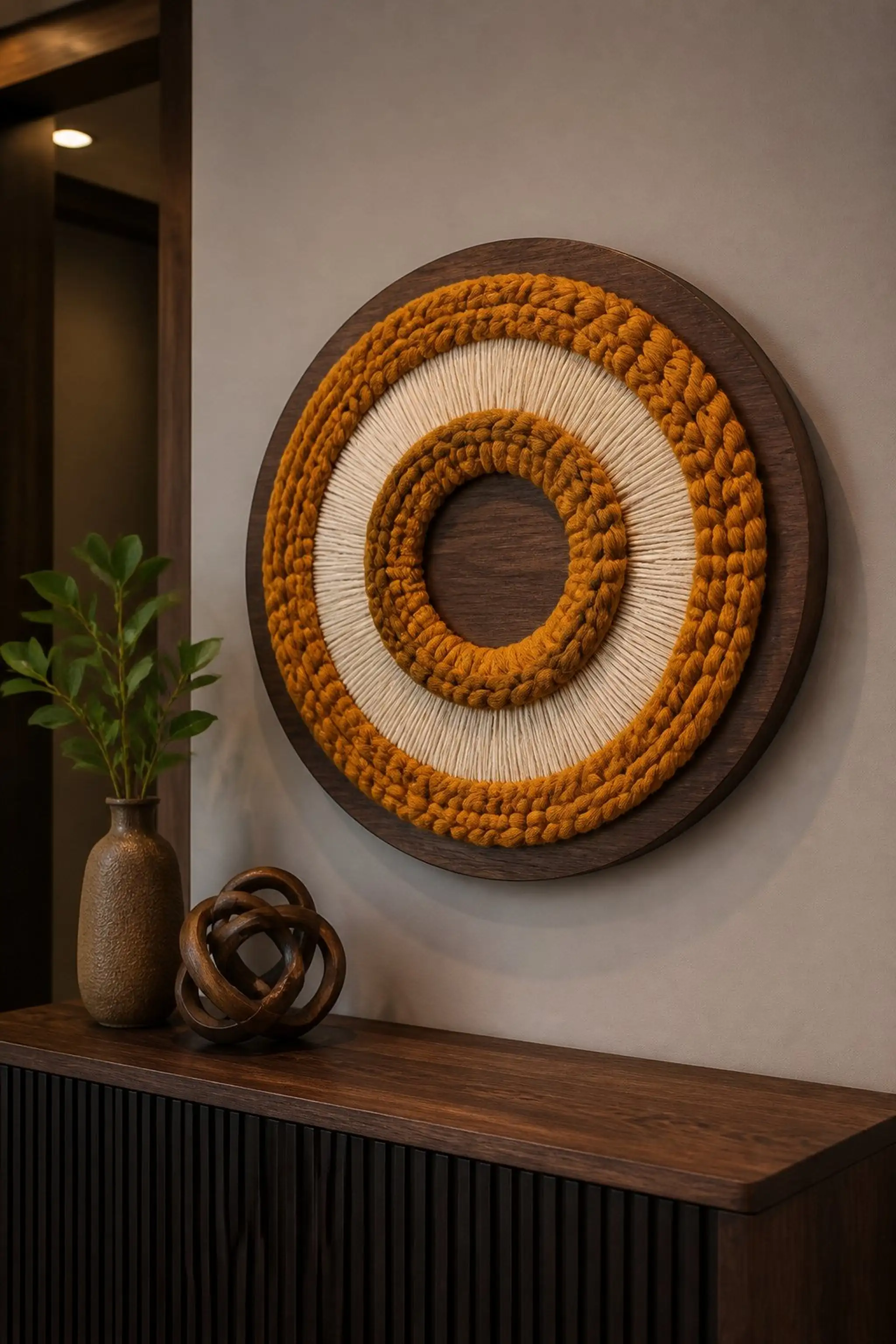 Circular layered yarn wall decor with wooden backboard