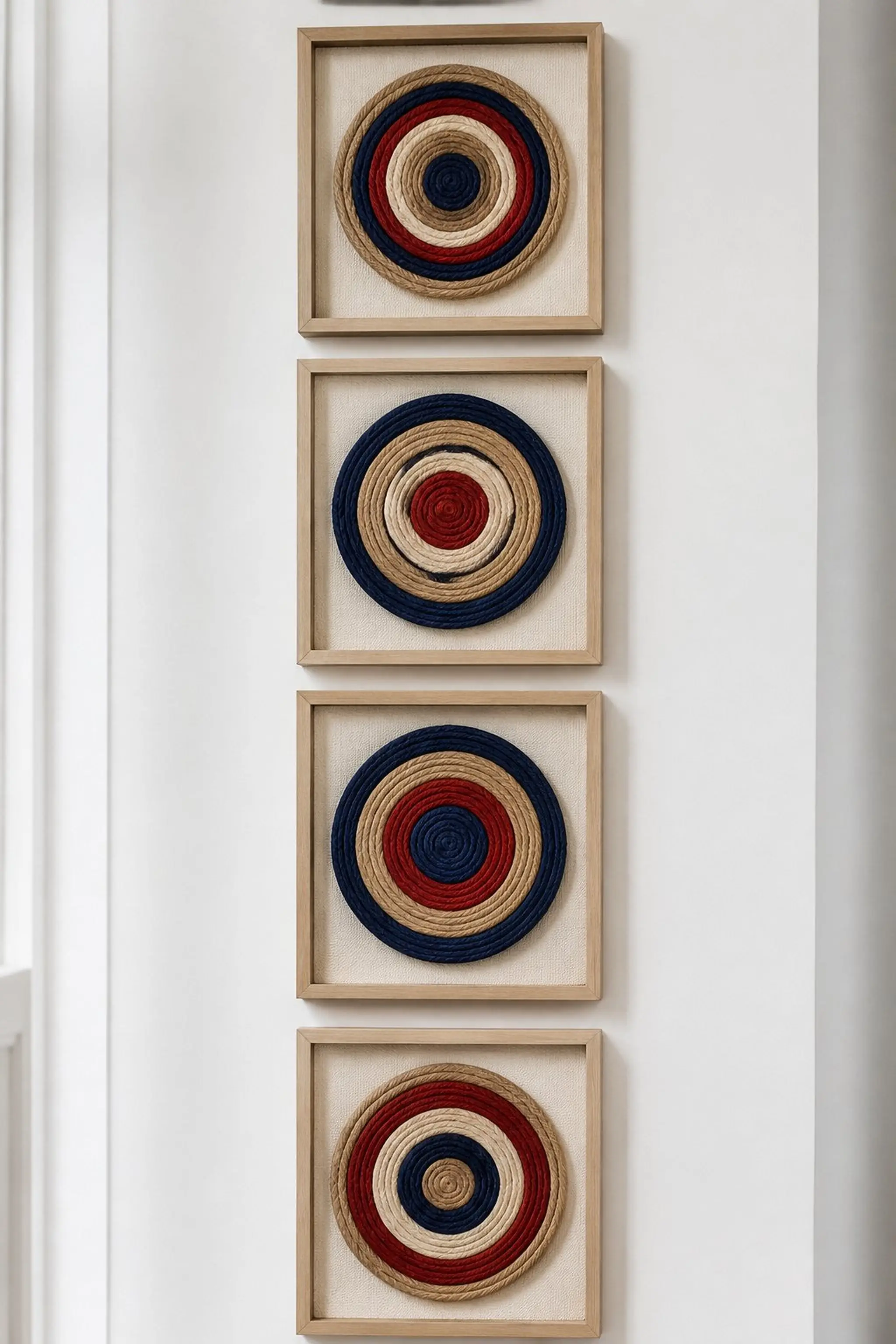 Layered yarn circles framed in natural wood squares