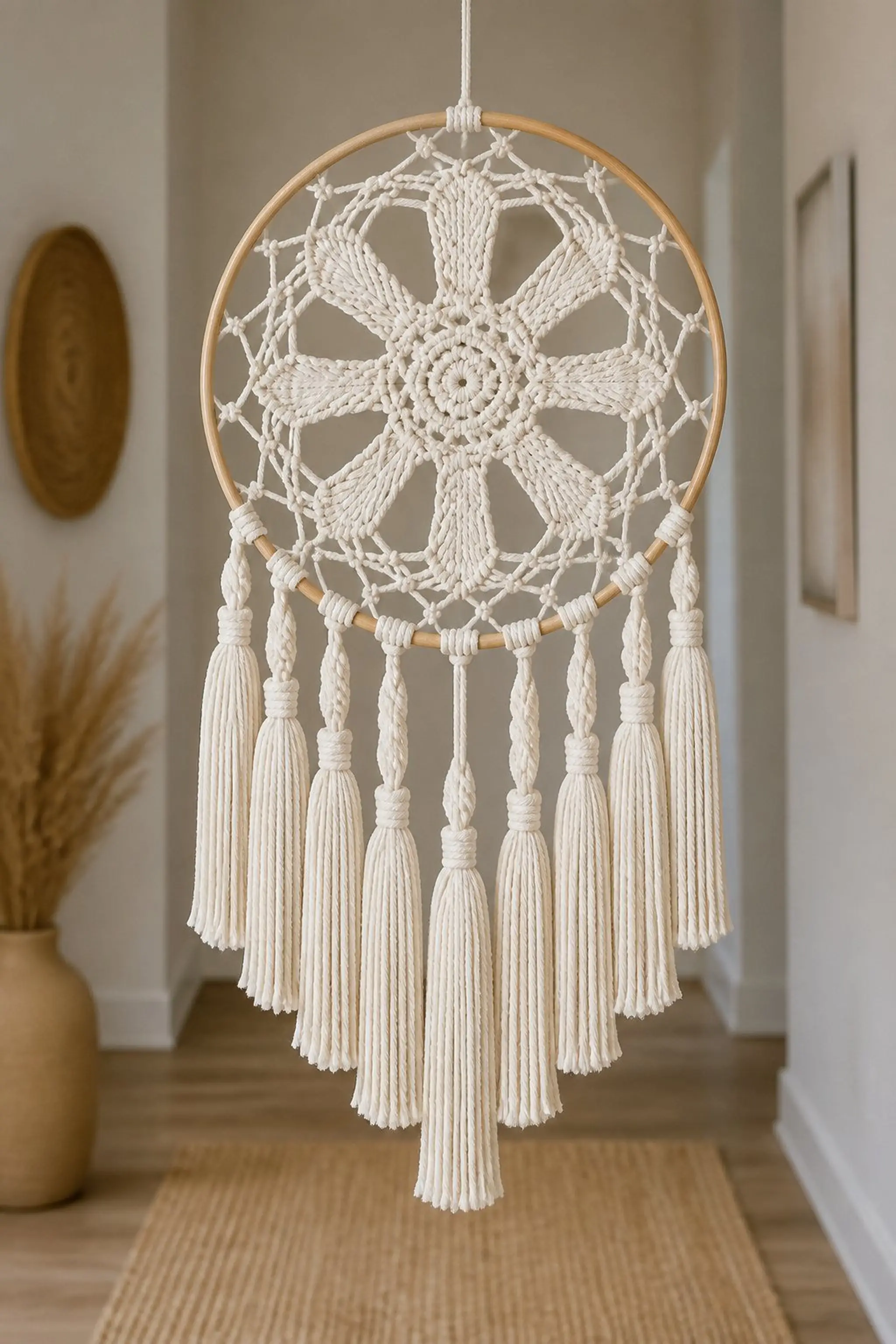 Macramé yarn dreamcatcher with braided details