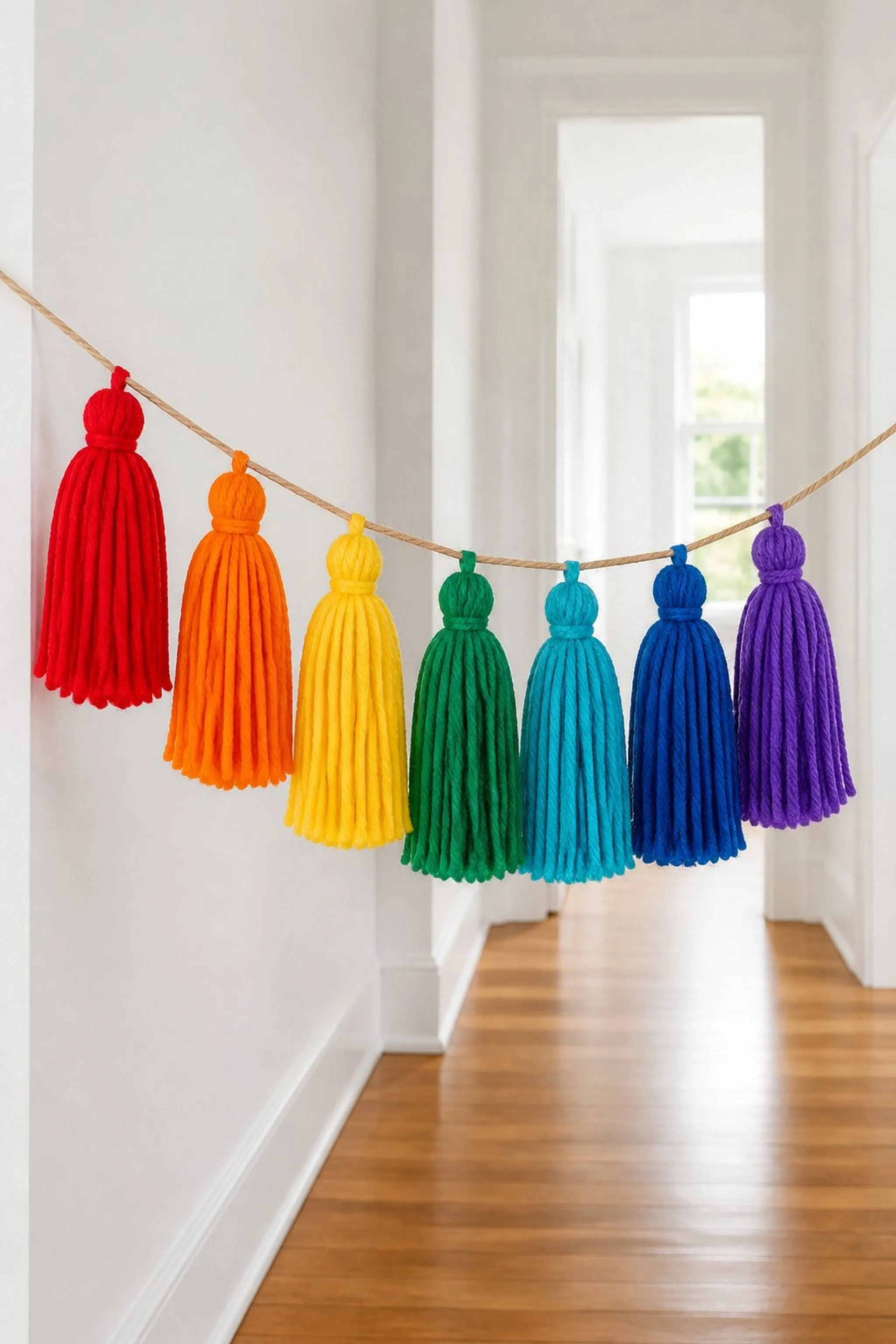 Rainbow yarn tassel garland for lively hallways