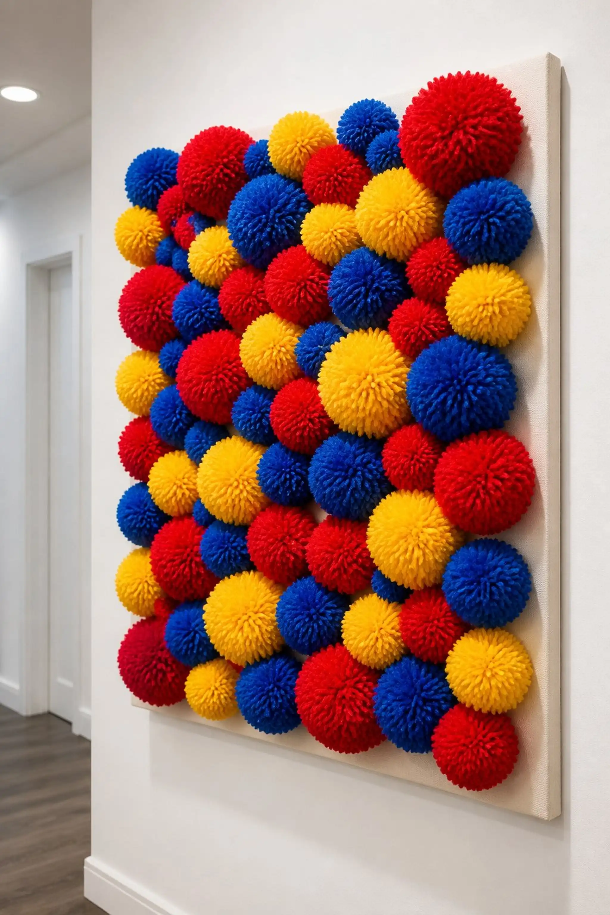 Small yarn pom-pom wall cluster for playful texture