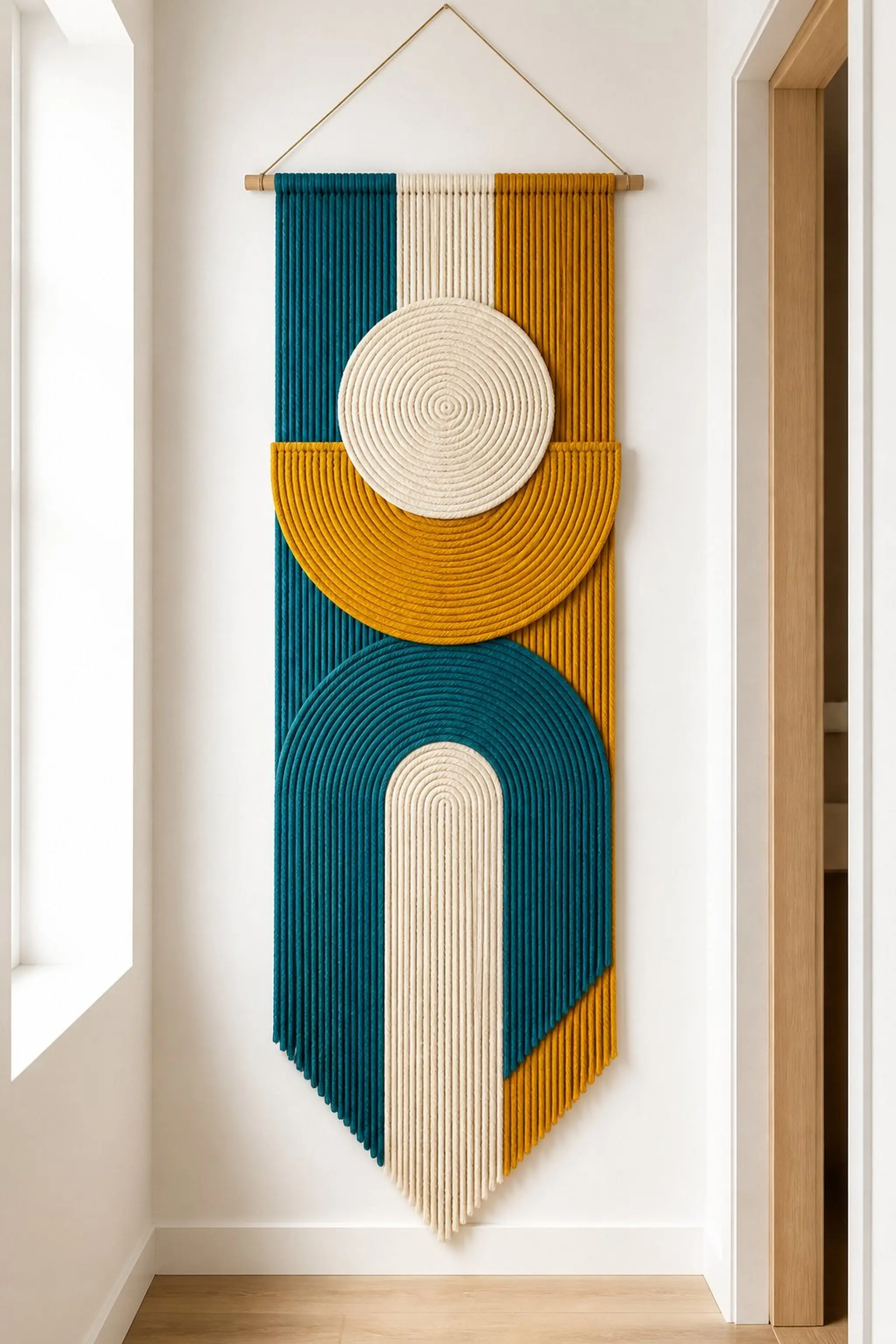 Soft geometric shapes with colorful yarn strands
