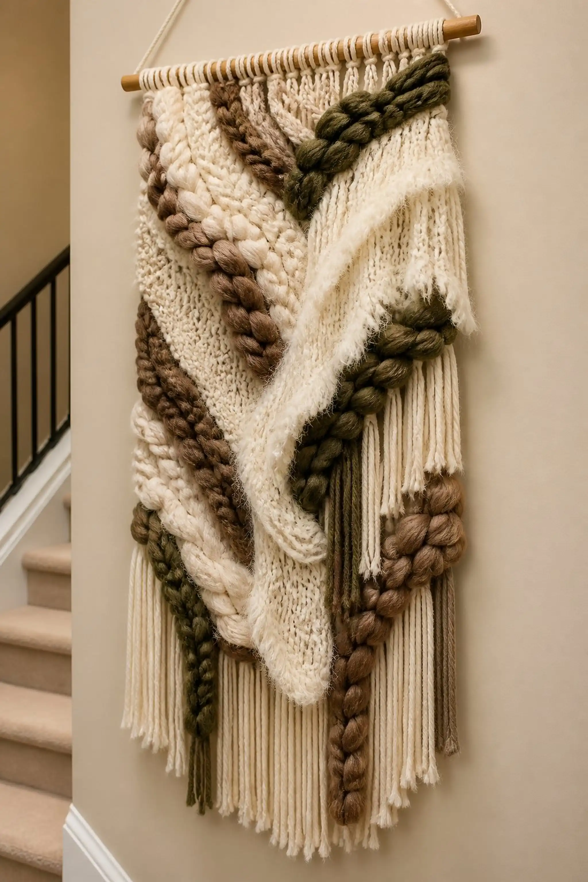 Textured layered yarn wall tapestry in earth tones