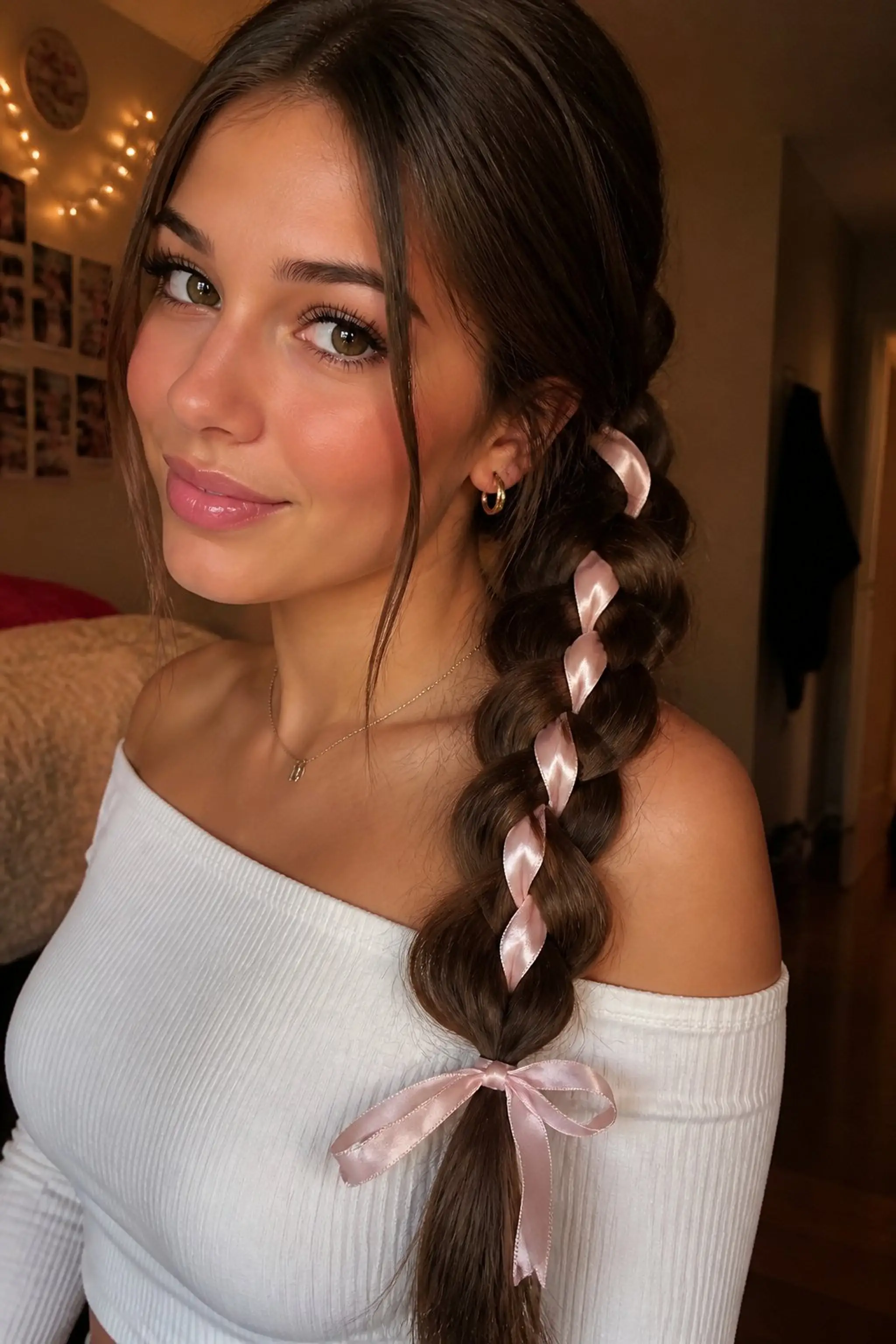 Braided Side Ponytail With Ribbon Accent