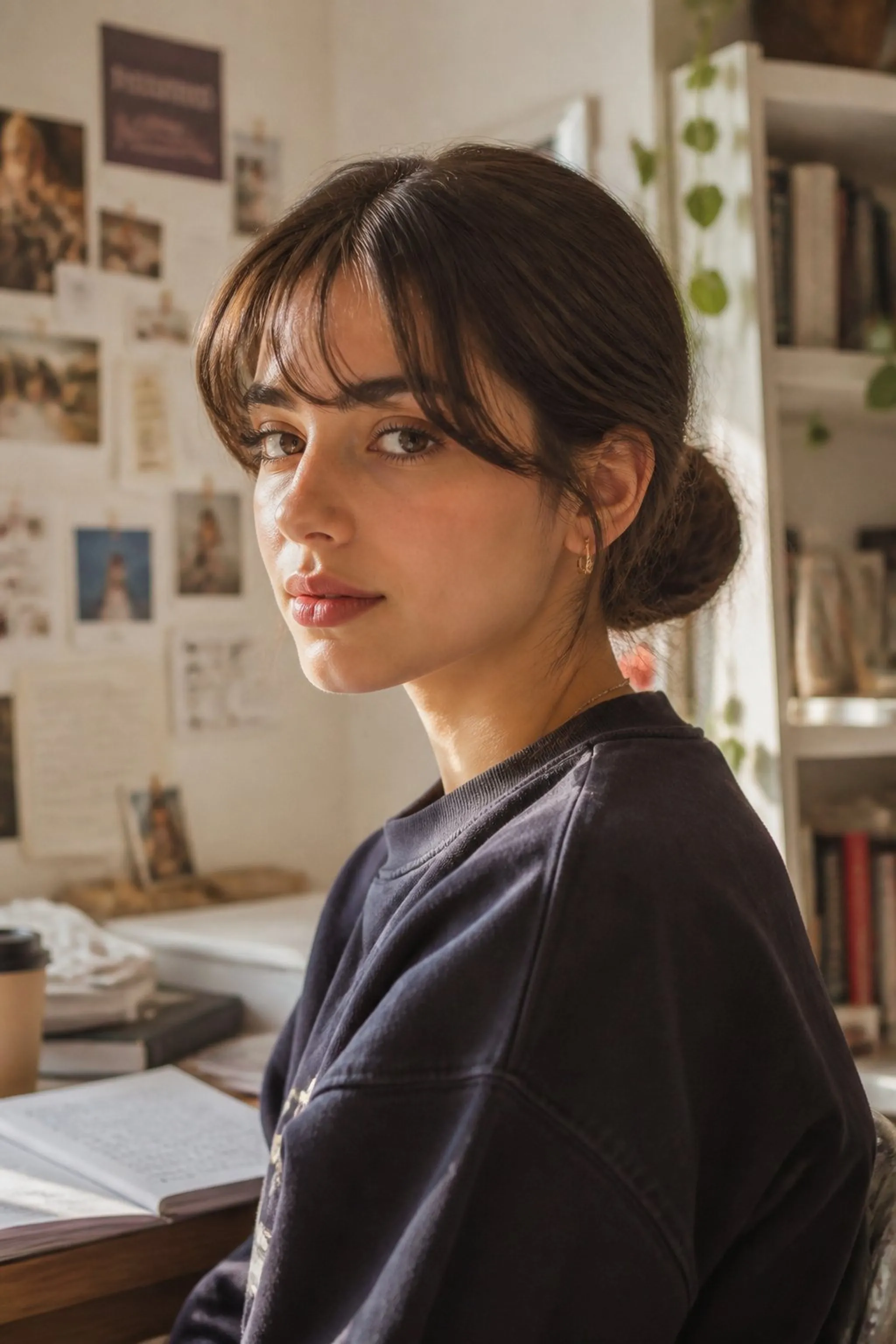 Simple Low Bun With Curled Bangs