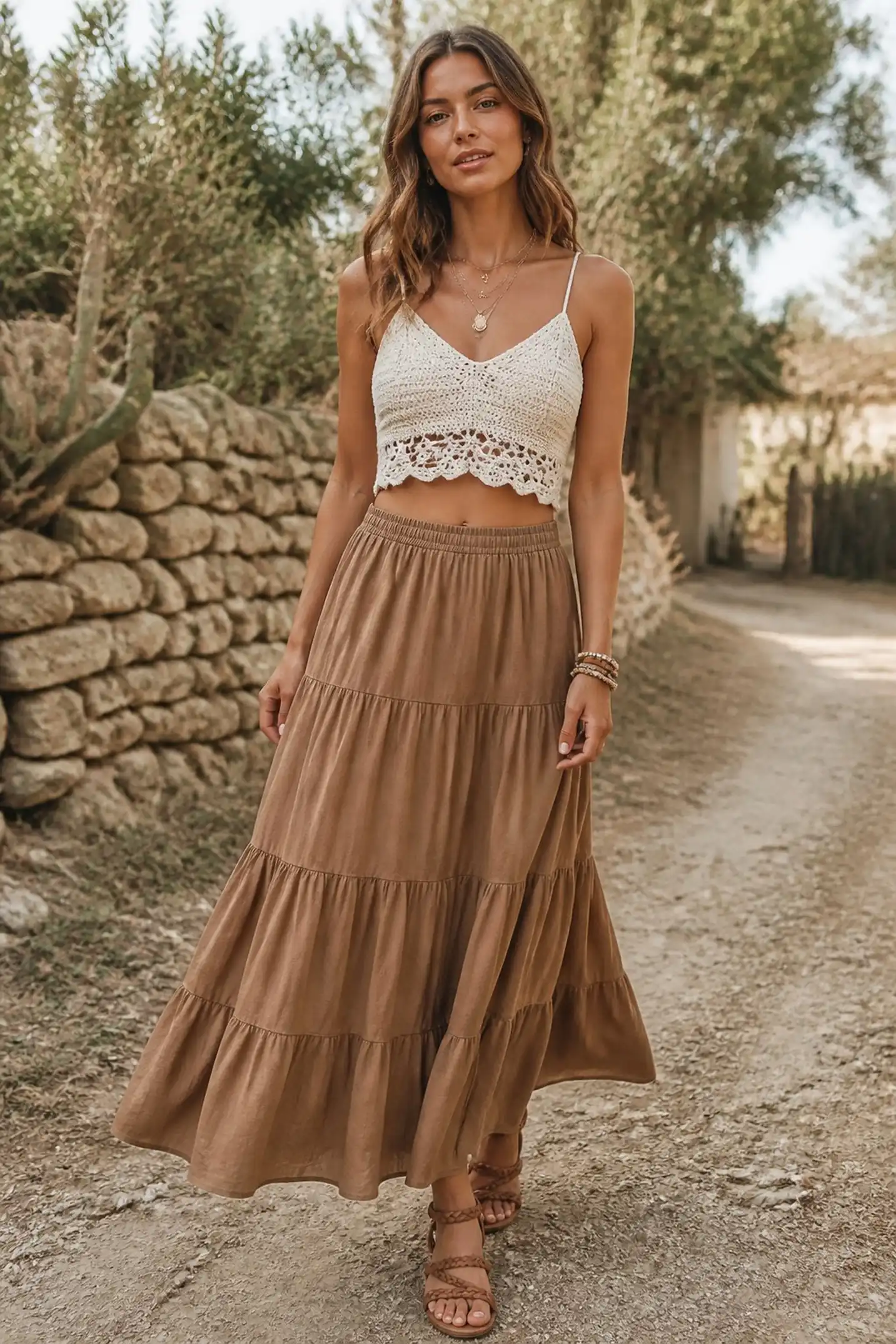 Boho-chic look with a tiered maxi and crochet top