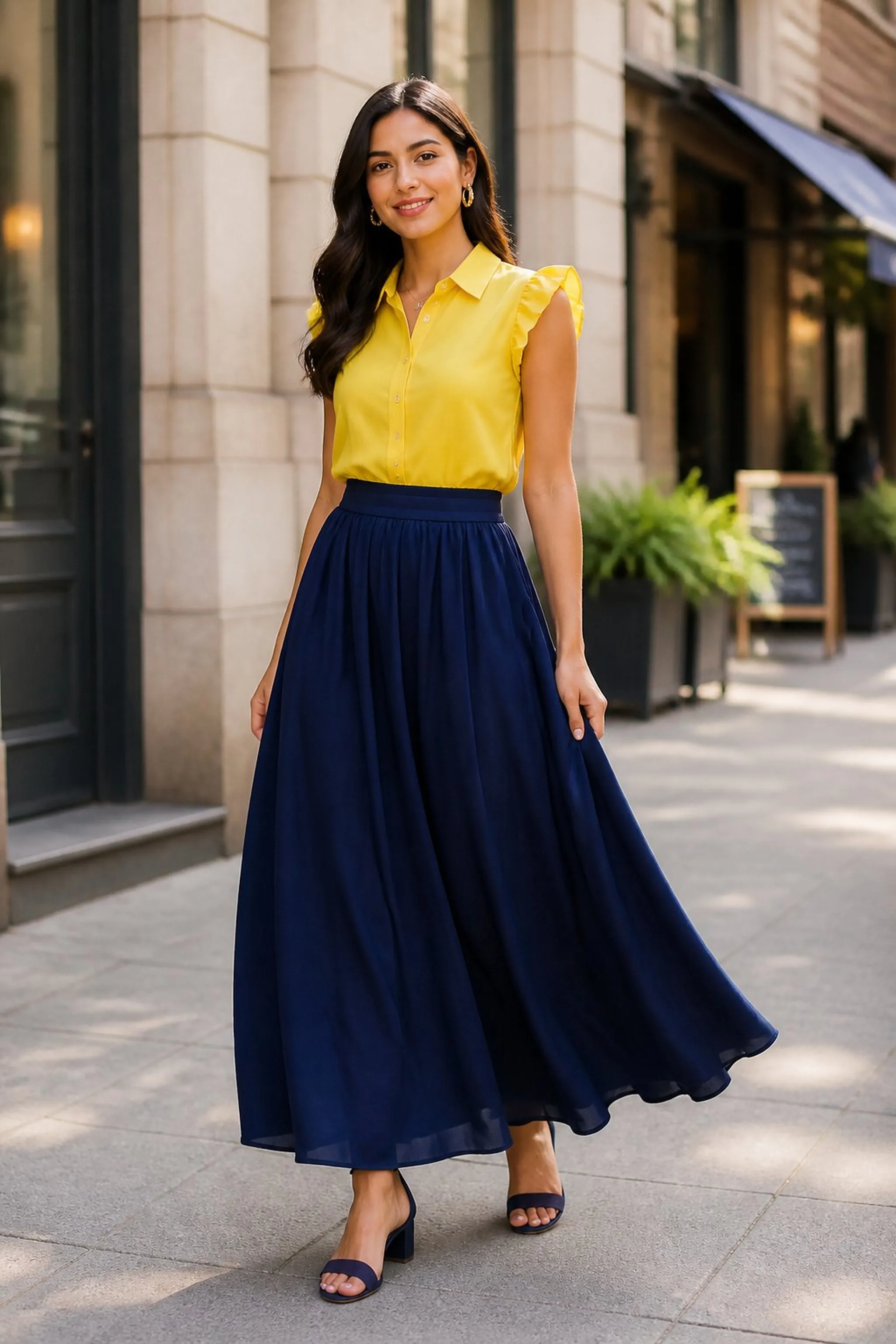 Bold contrast: navy flowy skirt with bright yellow top