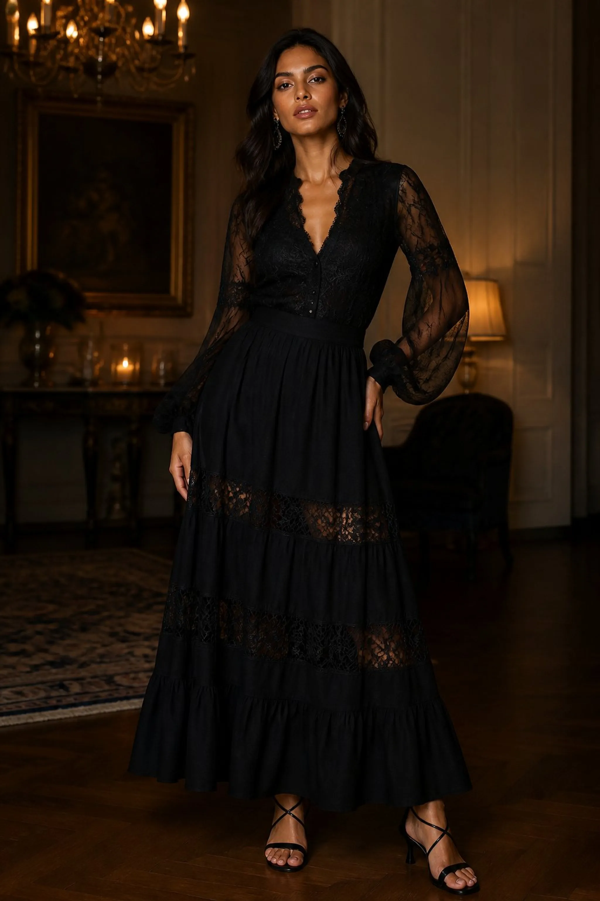 Chic all-black summer maxi with lace details