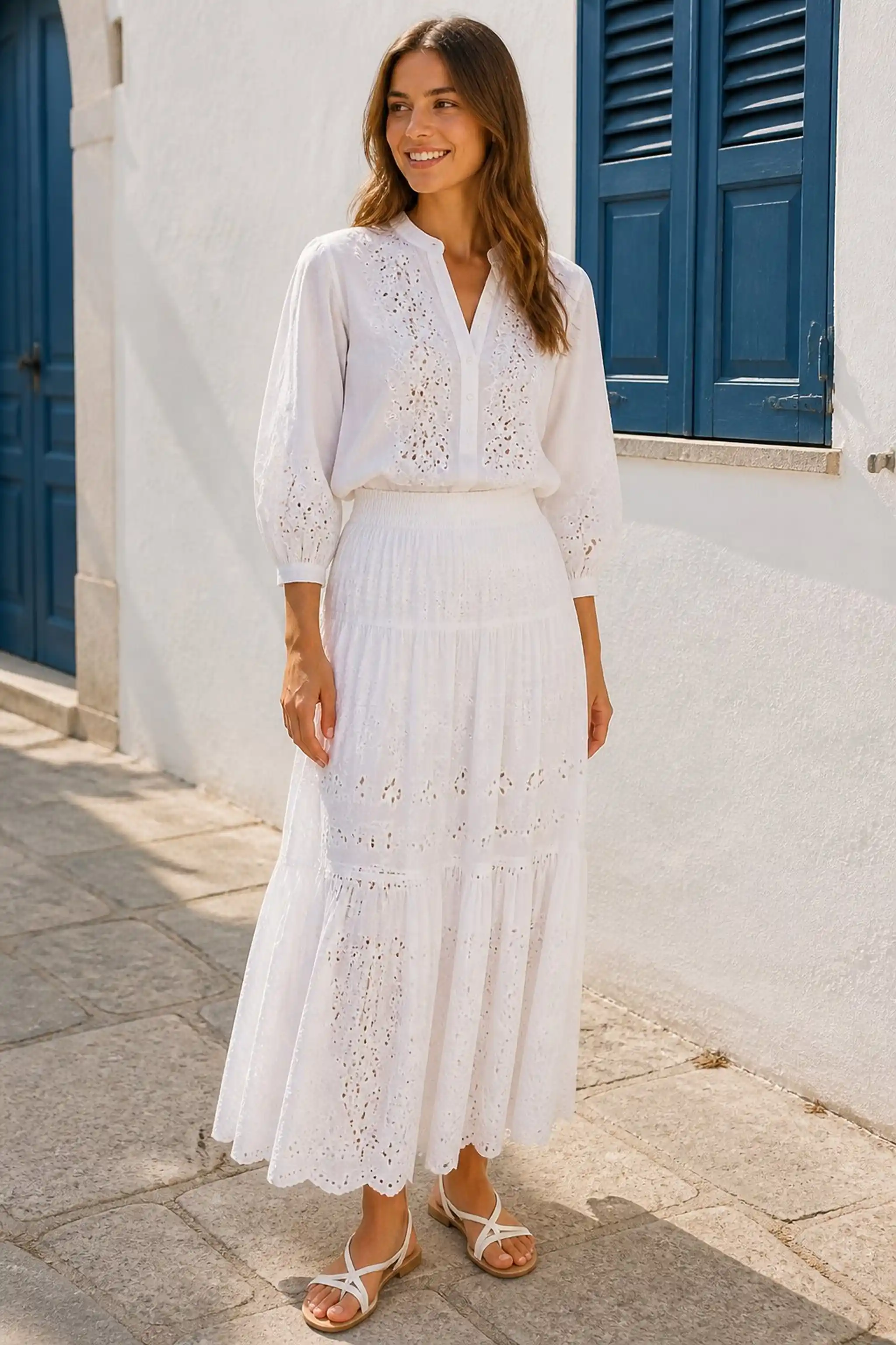 Classic white eyelet maxi with embroidered blouse