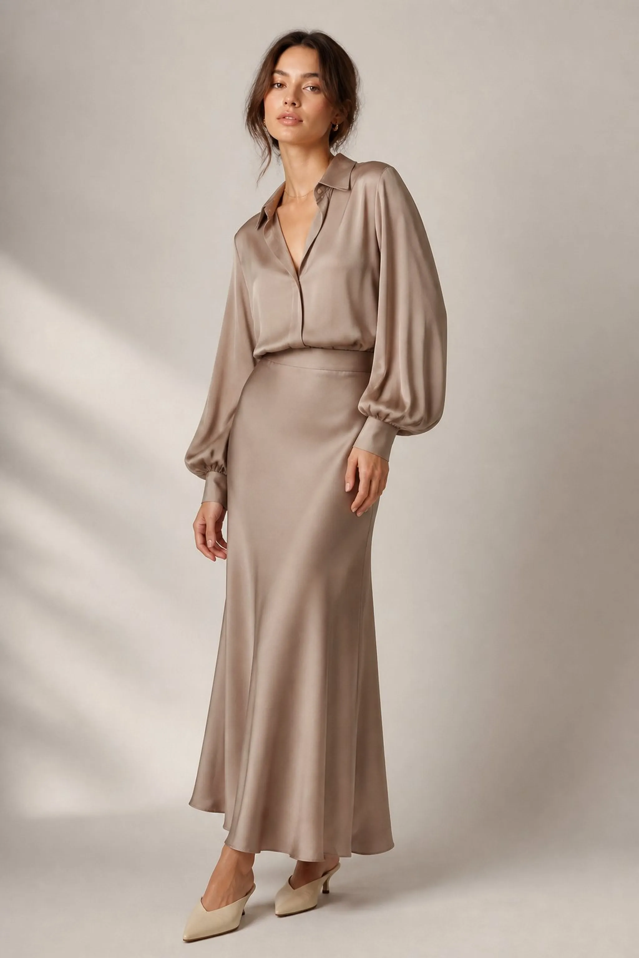 Elegant monotone taupe with silk blouse