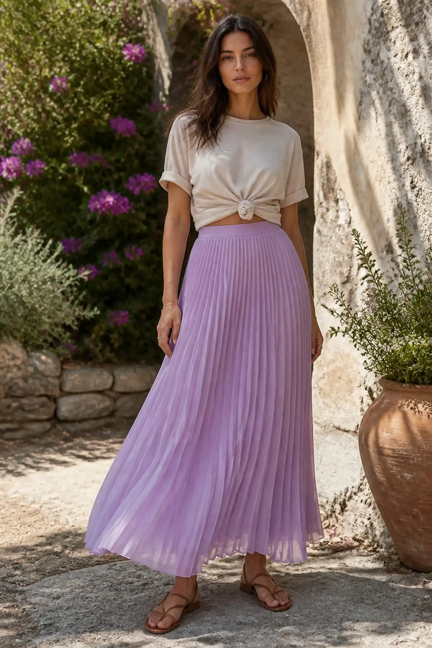 Relaxed look with a pleated chiffon maxi and loose tee