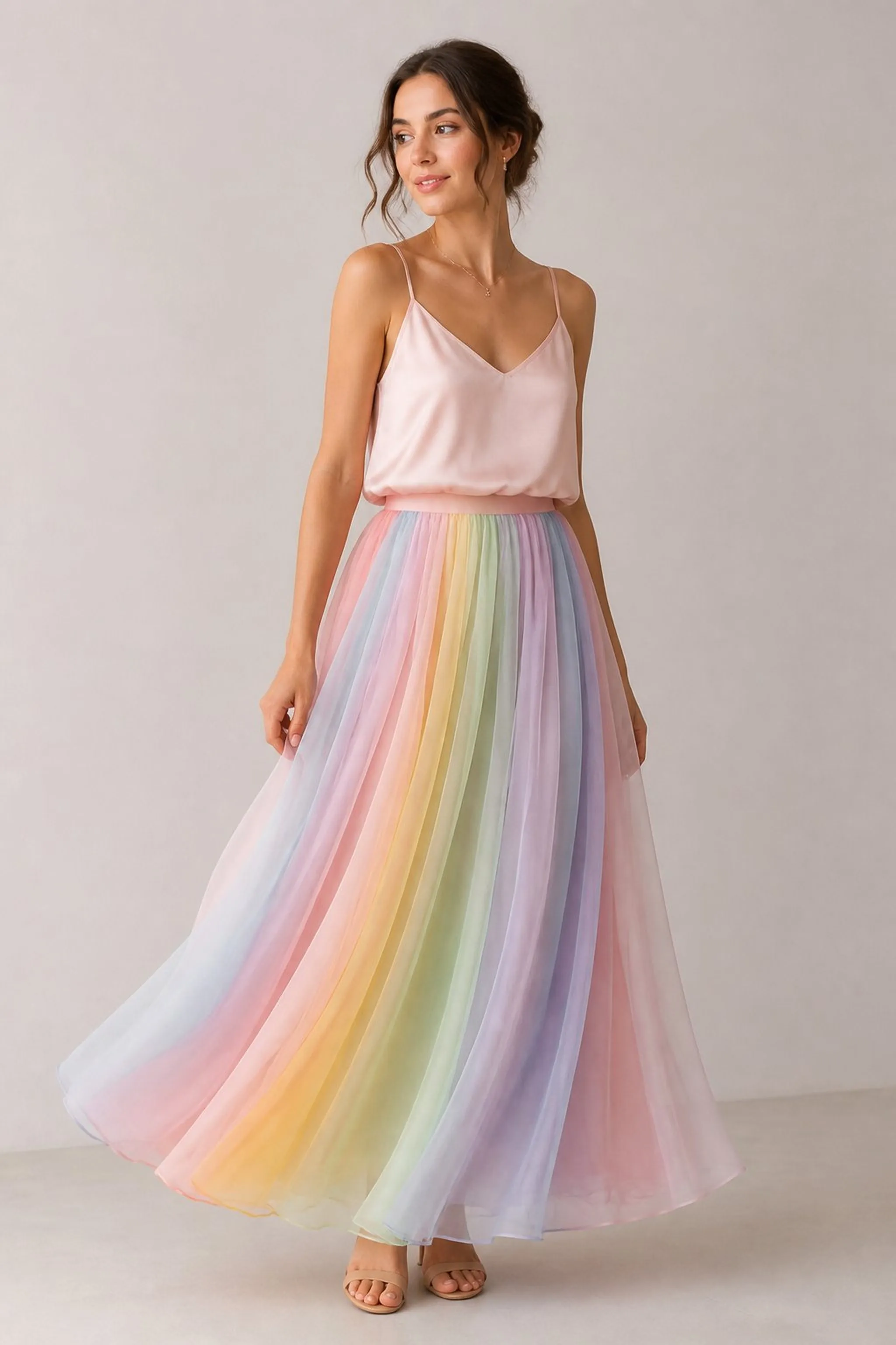 Soft pastel rainbow maxi tucked with silk cami