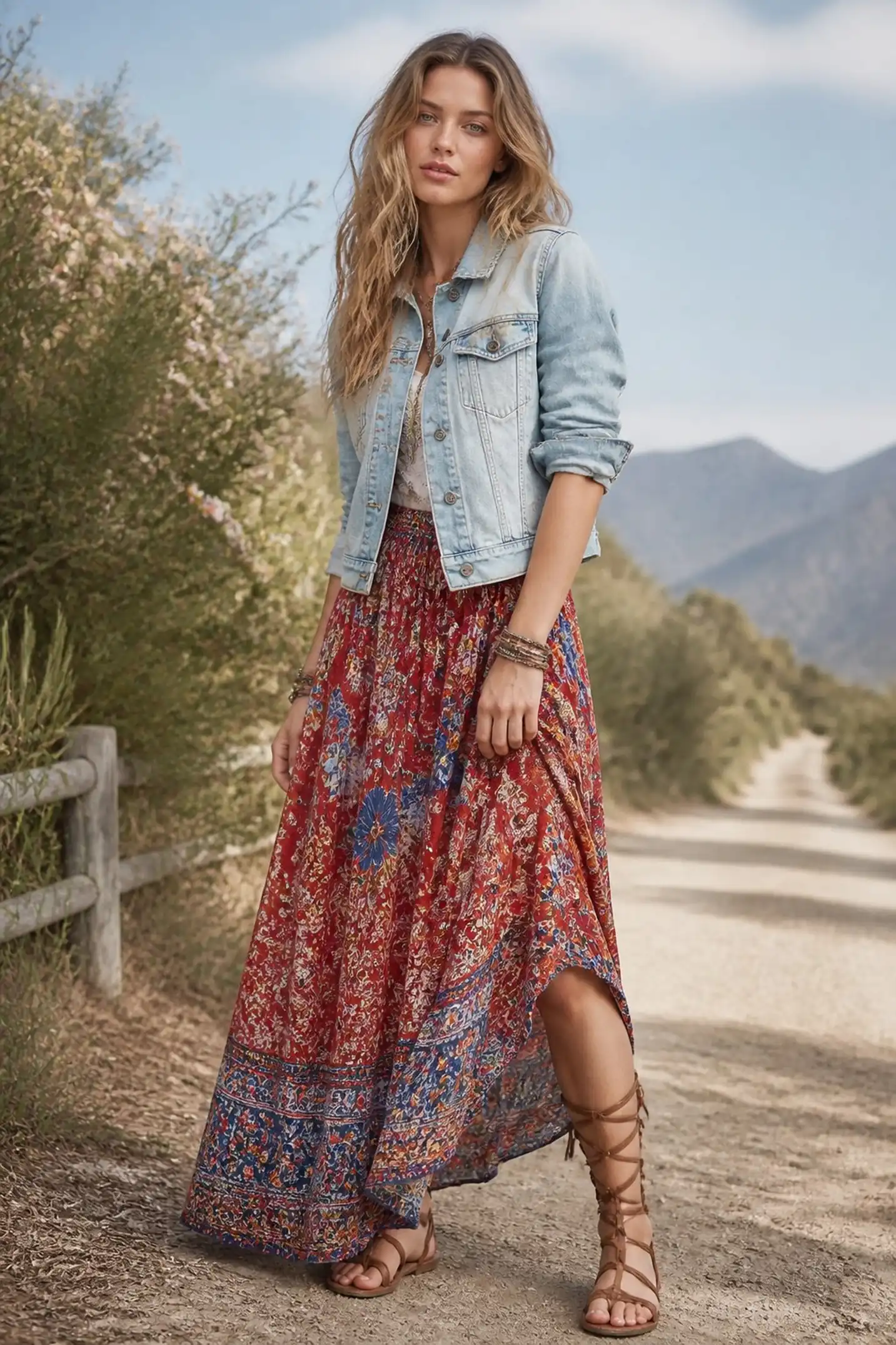 Summer layering: bohemian skirt with denim jacket